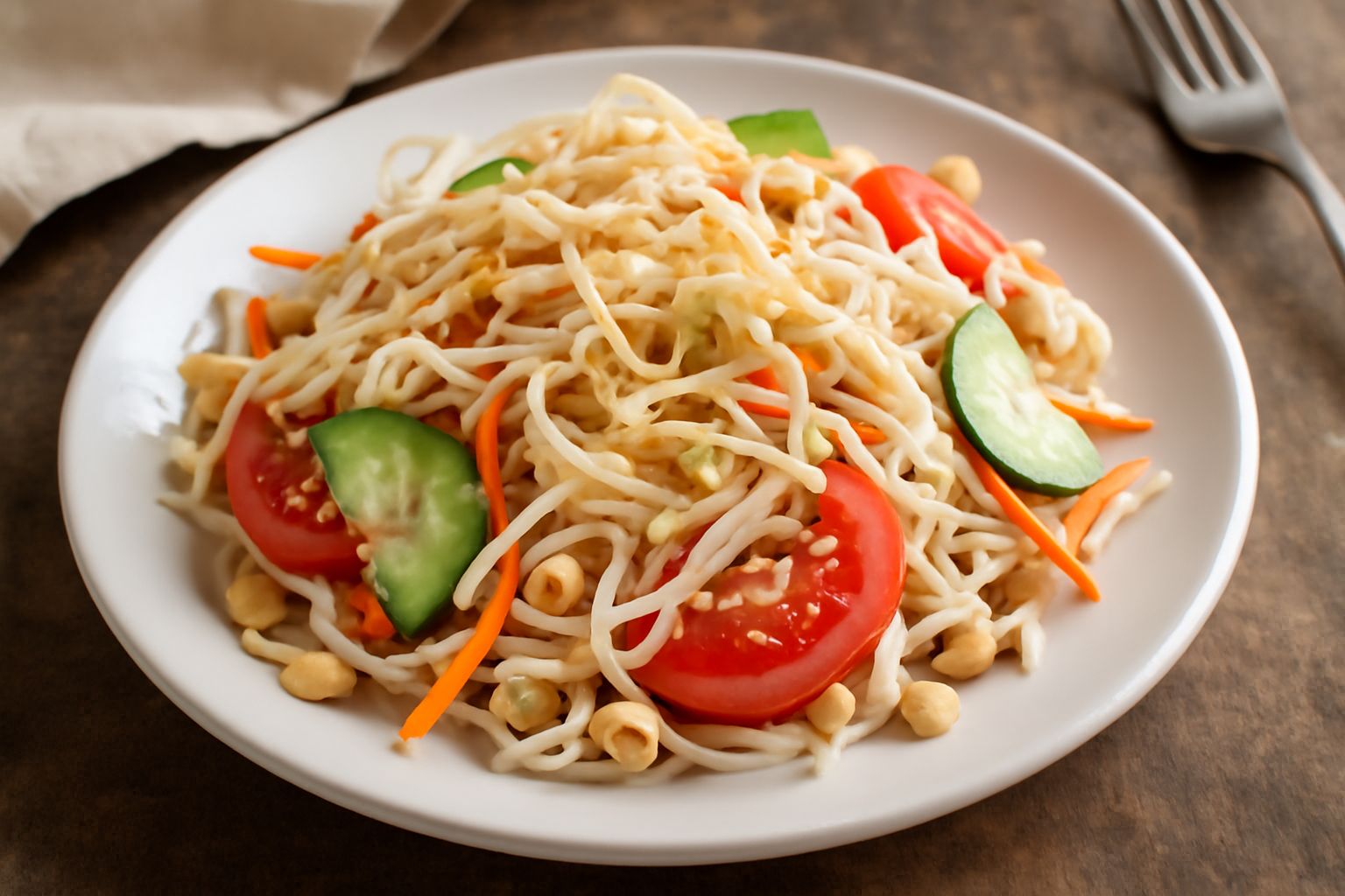 Insalata colorata in una ciotola bianca con germogli di soia bianchi e croccanti, carote tagliate a julienne arancioni, cetriolo verde, pomodori rossi e sesamo bianco, illuminata dalla luce naturale