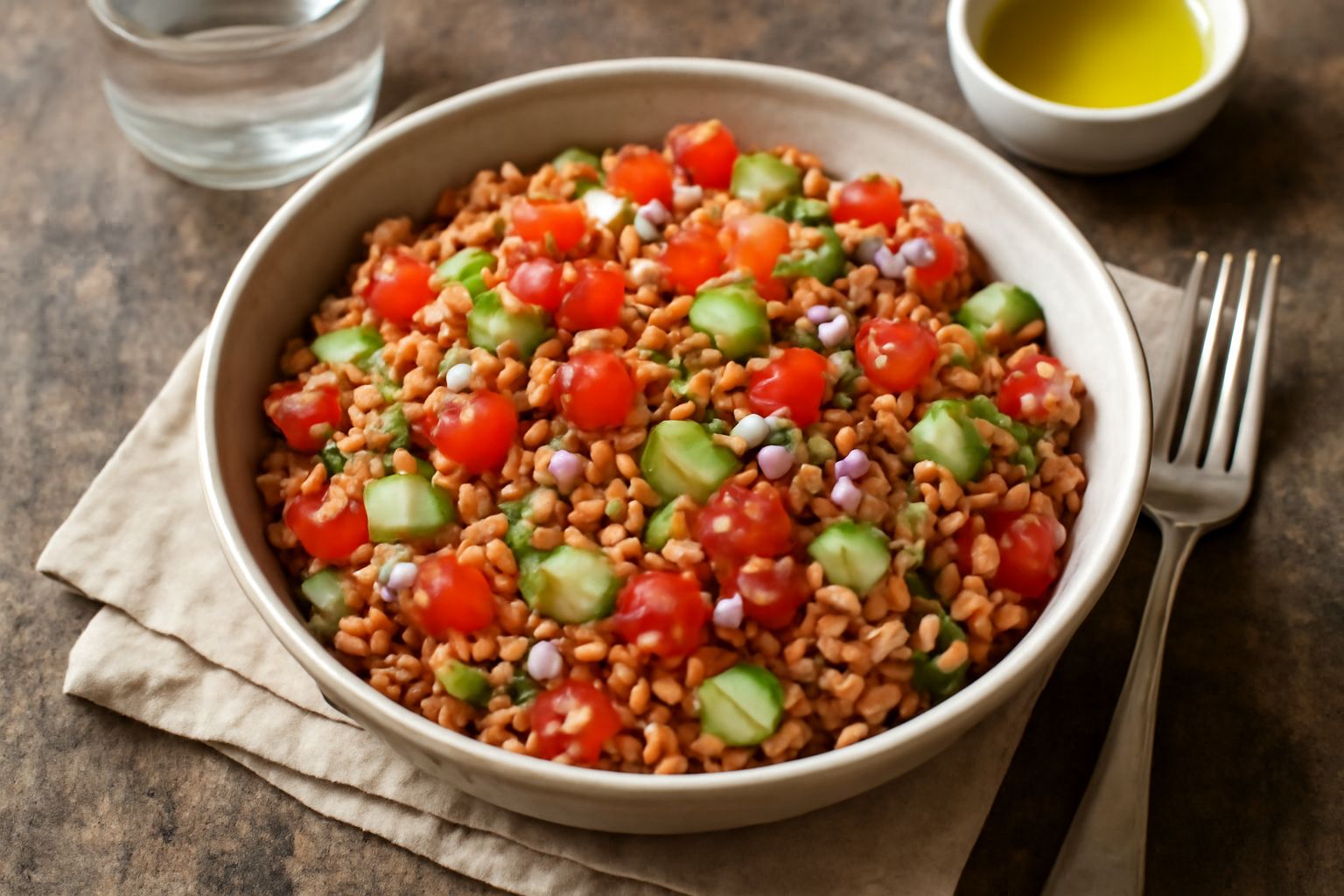 Insalata di grano integrale in una ciotola bianca, con chicchi di grano visibili, pomodori rossi a dadini, cetrioli verdi, prezzemolo fresco verde e condimento lucido di olio