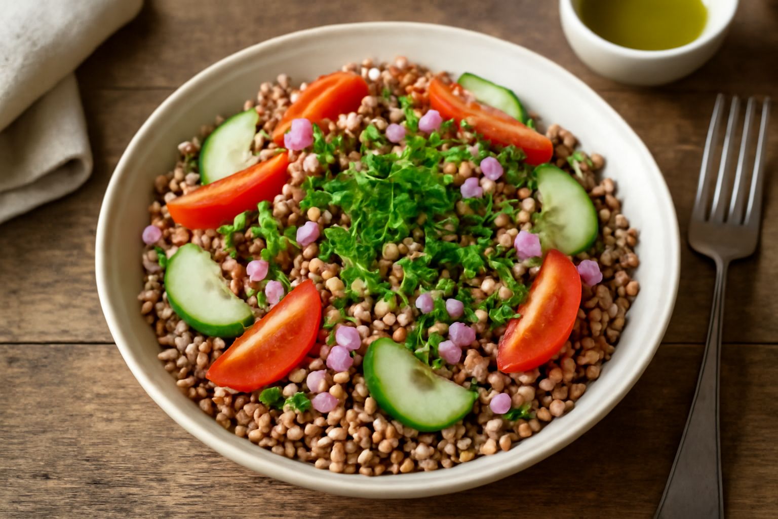 Ciotola di insalata di grano saraceno con grani marroni, pomodori rossi, cetrioli verdi, cipolla rossa e prezzemolo fresco su fondo bianco, condita con olio d'oliva lucido