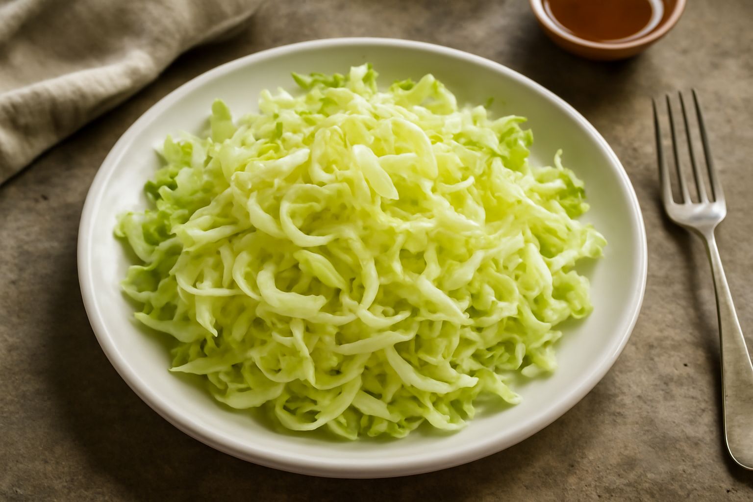 Insalata di indivia servita in un piatto bianco, con foglie bianche e verde pallido tagliate sottili, condita con olio d'oliva e limone, decorata con qualche mandorla tostate