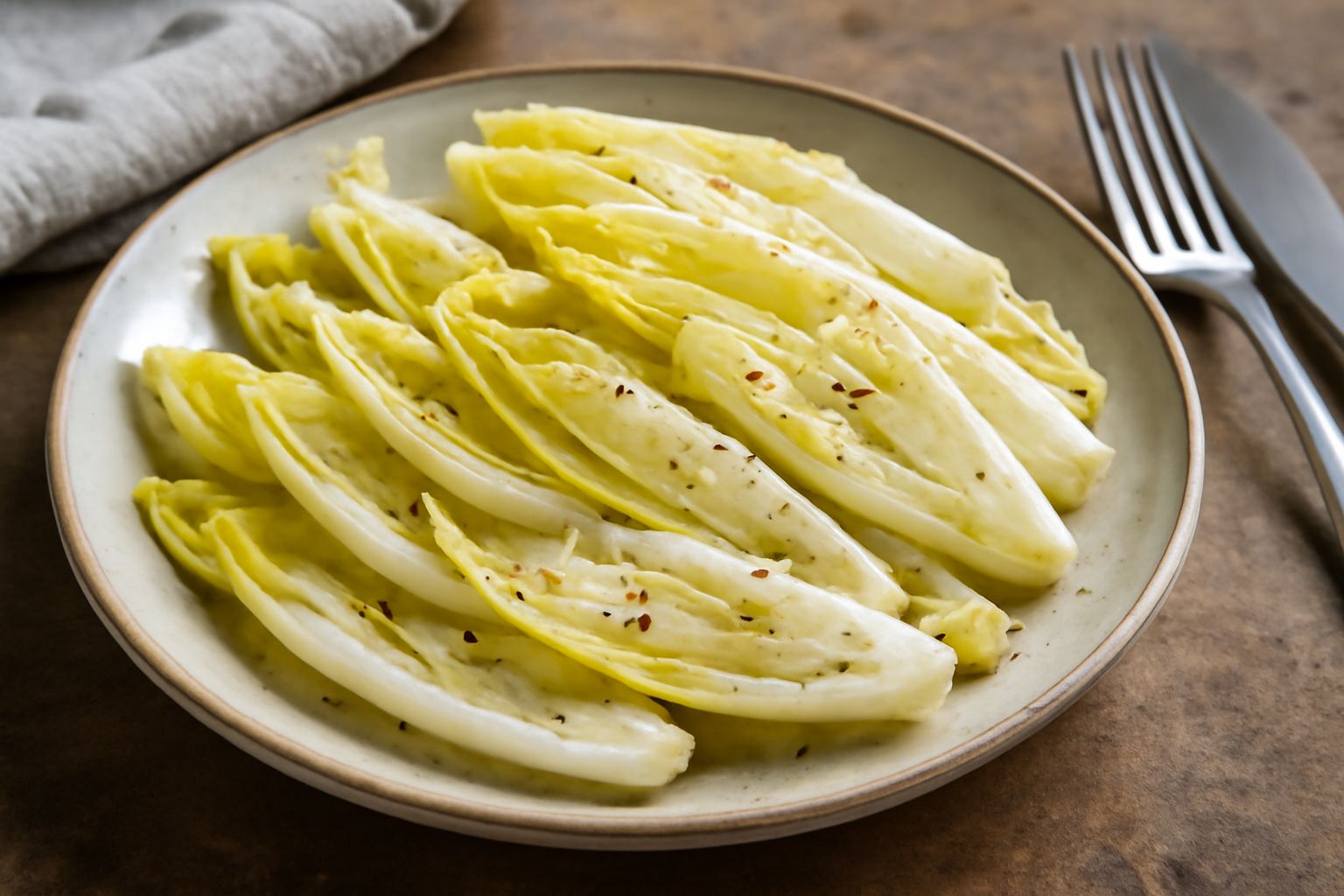 Insalata di indivia belga in una ciotola bianca, con foglie bianche e compatte, condita con olio dorato e limone, decorata con parmigiano a scaglie sottili