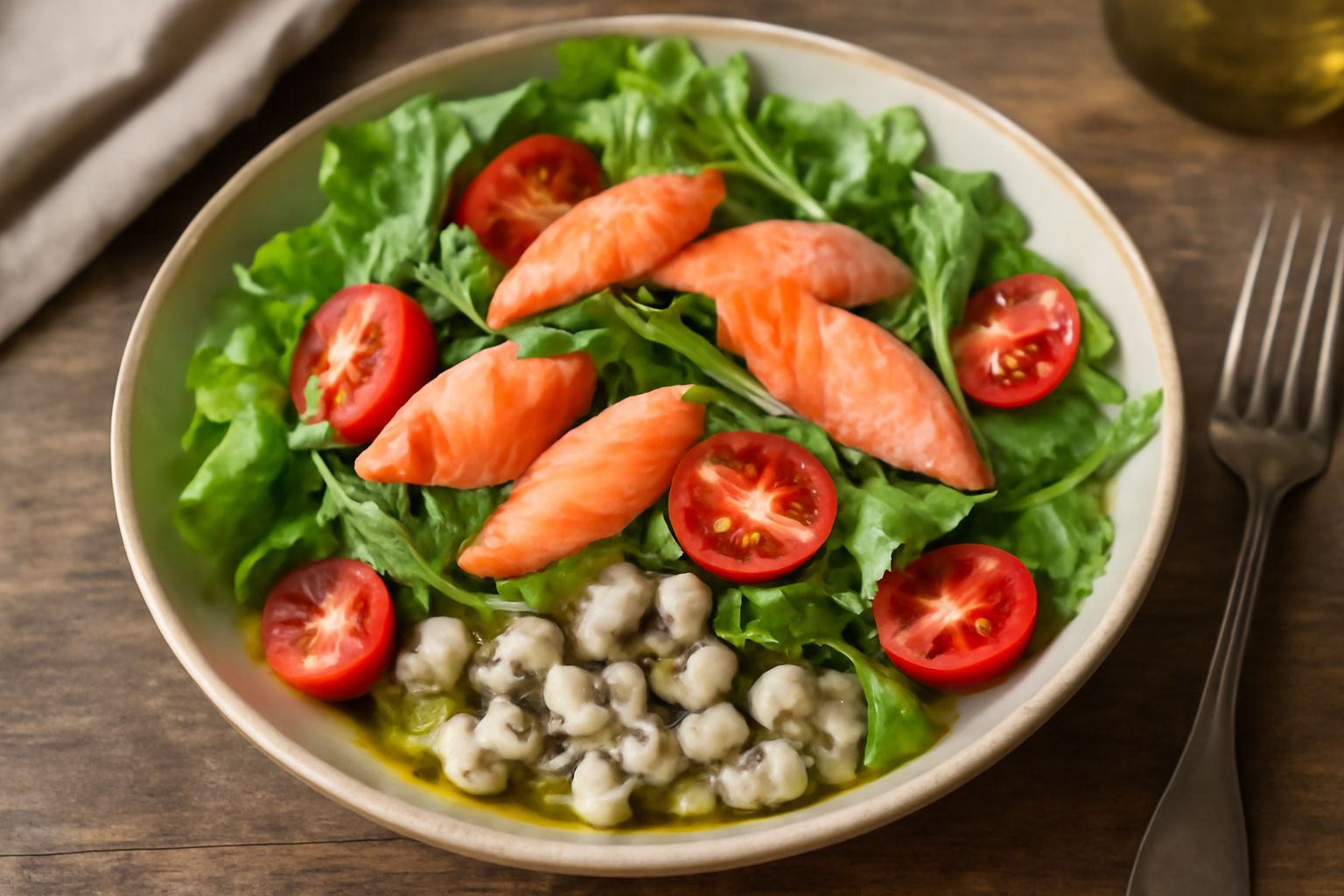 Insalata di lago servita in un piatto bianco, con lattuga verde riccia, pomodori rossi affettati, rucola, filetti di trota affumicata e molluschi piccoli crudi disposti sopra, condita con olio d'oliva