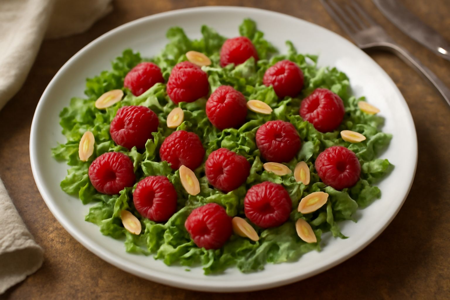 Insalata di lamponi in ciotola bianca: lattuga verde chiaro, rucola scura, lamponi rossi brillanti, con vinaigrette trasparente e qualche mandorla tostata sparsa