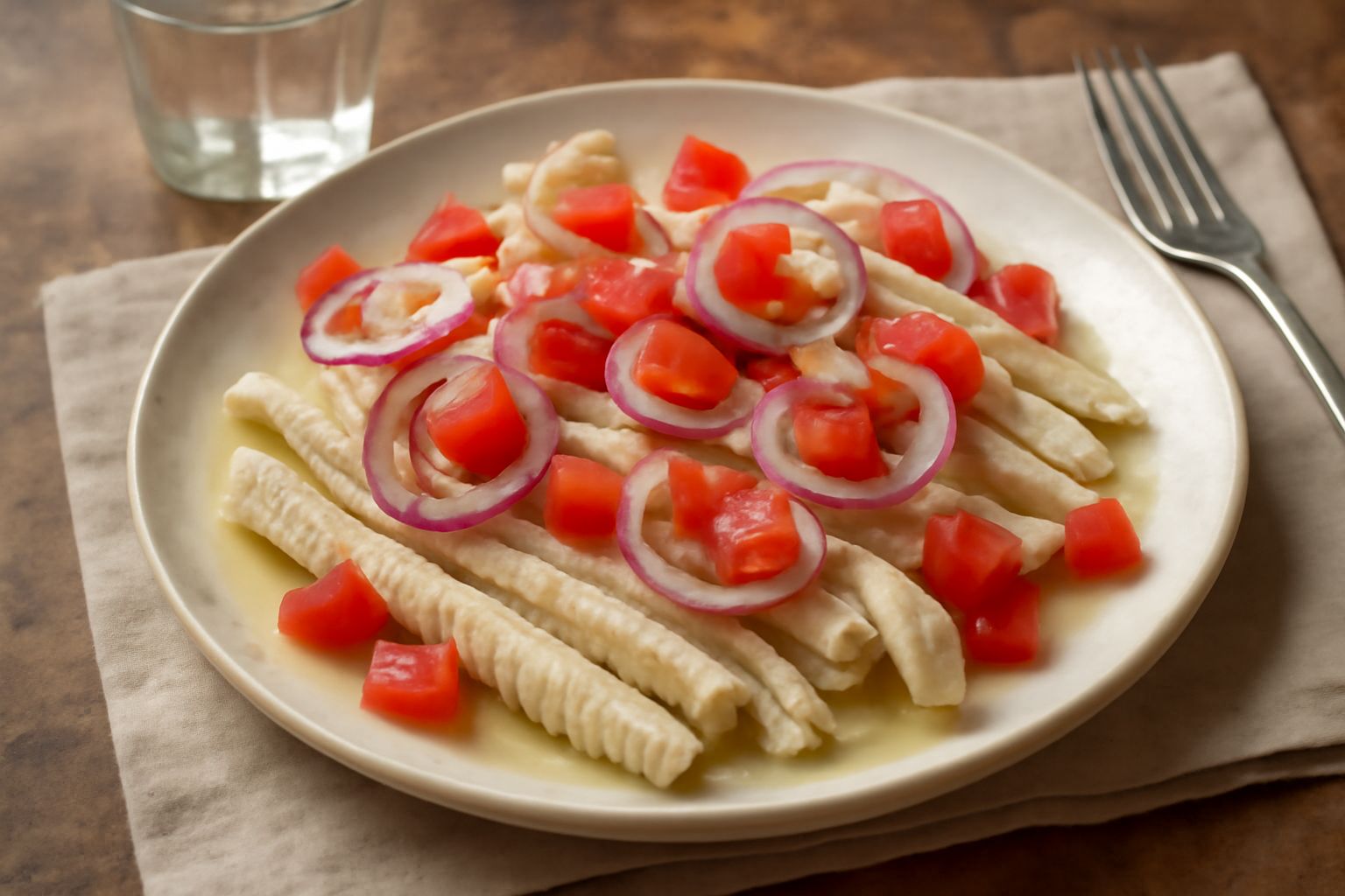 Insalata di lampredotto bianca e tagliata a strisce sottili, disposta su piatto bianco con pomodori rossi e cipolla rossa affettati, condimento dorato in evidenza, prezzemolo fresco verde