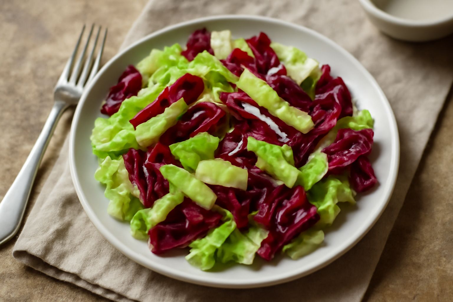 Insalata di lattuga verde e radicchio rosso scuro, croccante e ben condita con olio d'oliva dorato, in una ciotola bianca su tavolo di legno naturale