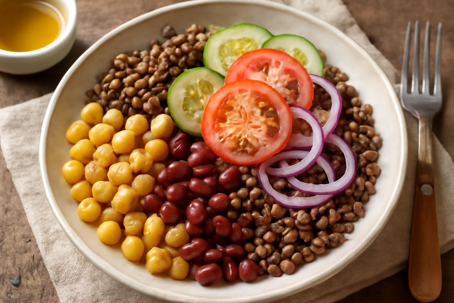 Insalata di legumi misti in ciotola bianca con ceci gialli, fagioli rossi, lenticchie marroni, pomodorini, cetrioli a fette, cipolla rossa, olio lucido sulla superficie, prezzemolo fresco
