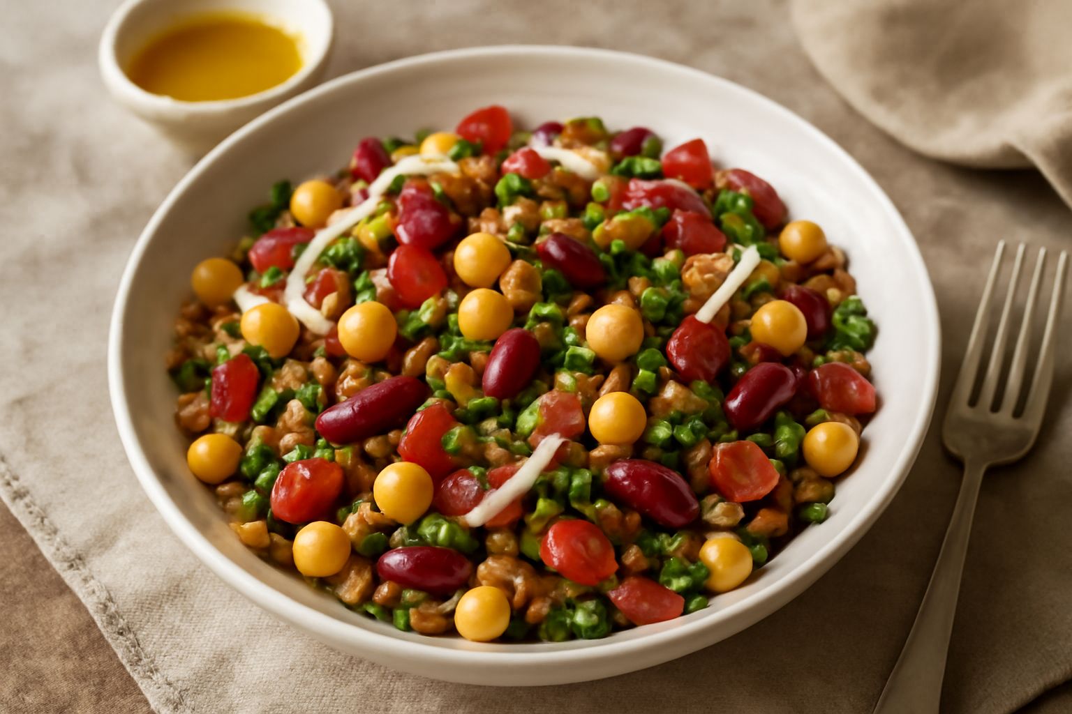 Insalata di legumi misti in ciotola di vetro con ceci gialli, fagioli rossi e lenticchie marroni, pomodori rossi a dadini, cipolla bianca, prezzemolo verde fresco, condita con olio dorato e limone
