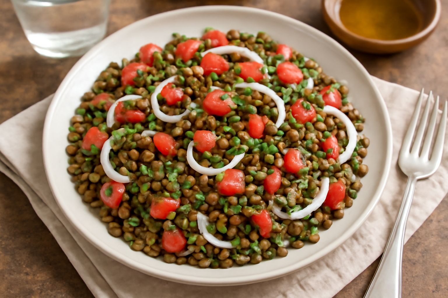 Ciotola di insalata di lenticchie con lenticchie verde scuro, pomodori rossi a dadini, cipolla bianca, prezzemolo verde, su fondo bianco. Condimento lucido sulla superficie, verdure ben visibili.