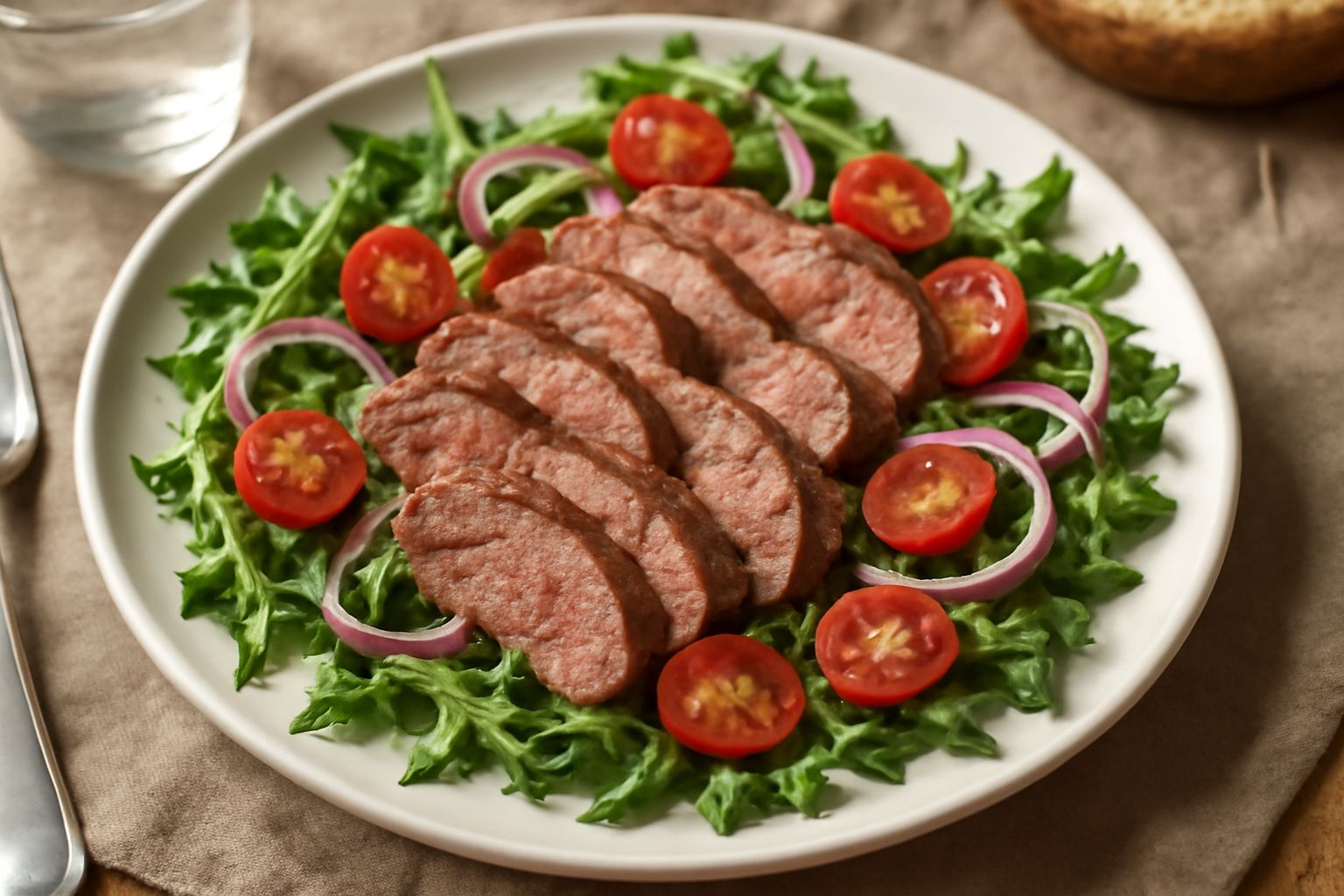 Insalata di lepre servita in piatto bianco con fettine rosa e tenere di carne, rucola verde, cipolle rosse sottili, pomodorini gialli e rossi, condita con olio d'oliva lucido e pepe nero, su sfondo in