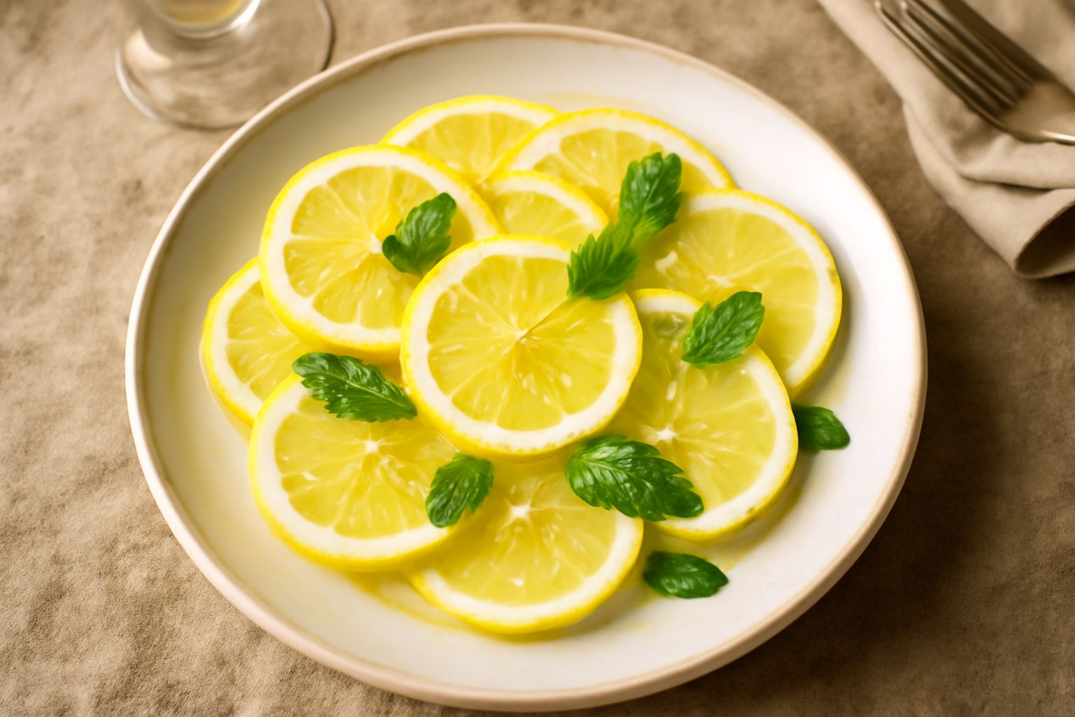 Insalata di limoni in ciotola bianca con fette di limone giallo arrangiato a cerchio, olio verde brillante versato sopra, sale grosso e qualche foglia di menta fresca