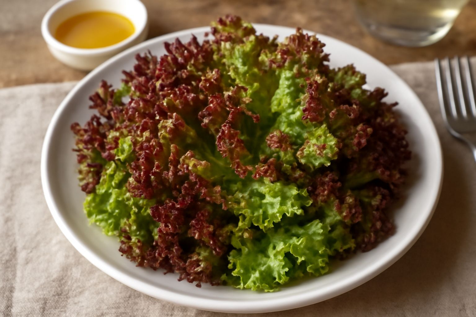 Insalata di lollo rosso e verde in una ciotola di ceramica, foglie ricce ben asciutte, condita con olio, limone e sale grosso, con pezzi di pane tostato ai bordi