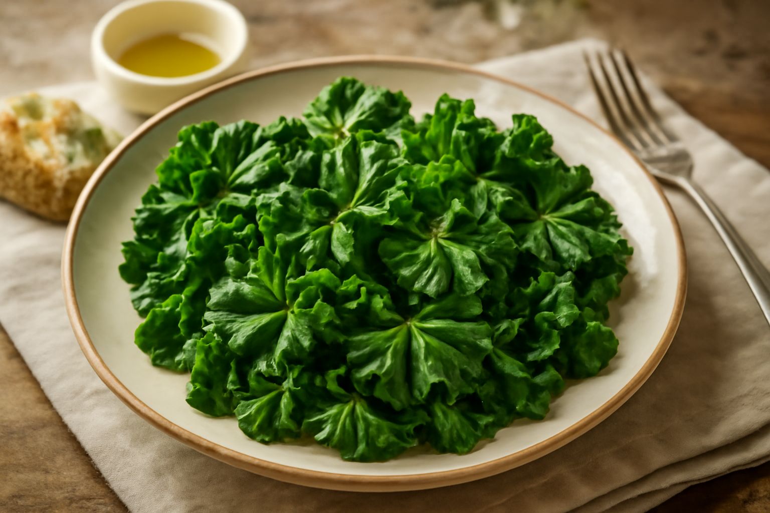 Insalata di malva servita in un piatto bianco: foglie verdi brillanti arricchiate dai bordi leggermente ondulati, condite con olio extravergine e limone, con aggiunta di crostini tostati e semi di gir