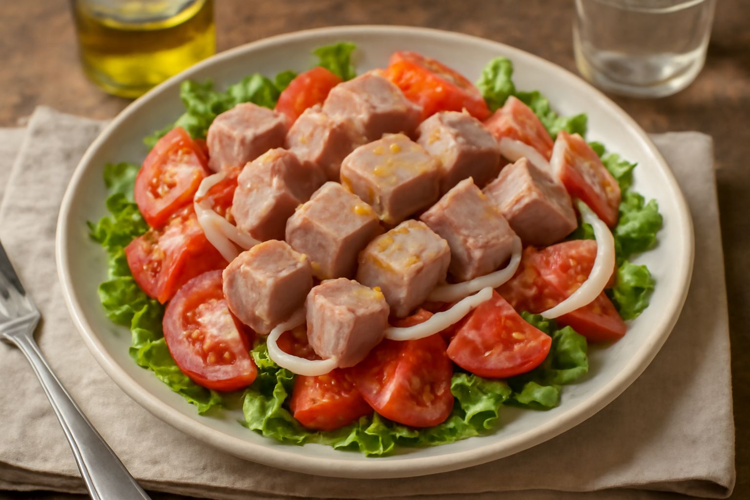 Insalata in ciotola bianca con cubetti di manzo bollito rosa pallido, pomodori rossi, cipolla bianca, prezzemolo verde brillante e filamenti di olio d'oliva dorato.