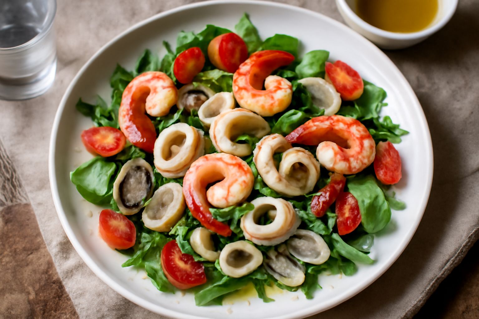 Insalata di mare in piatto bianco con gamberi rosa, calamari bianchi, vongole, pomodorini rossi, cetrioli verdi, rucola fresca e gocce di olio d'oliva, sul ripiano di una cucina luminosa