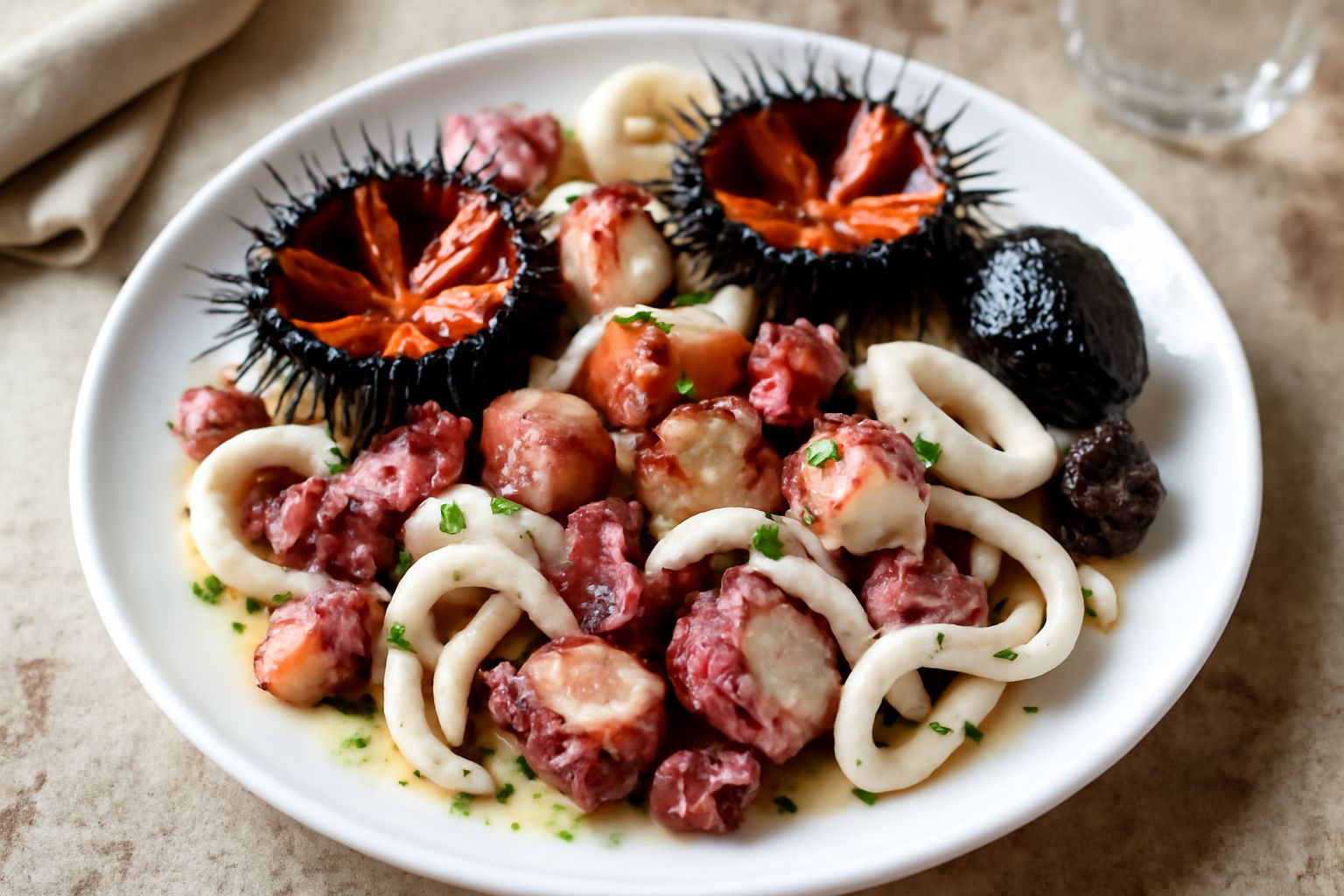 Insalata di mare con ricci arancioni aperti, polpo rosato tagliato a pezzi, calamari bianchi, crostini di pane tostato su un piatto bianco con olio d'oliva che lucica e foglie di prezzemolo verde
