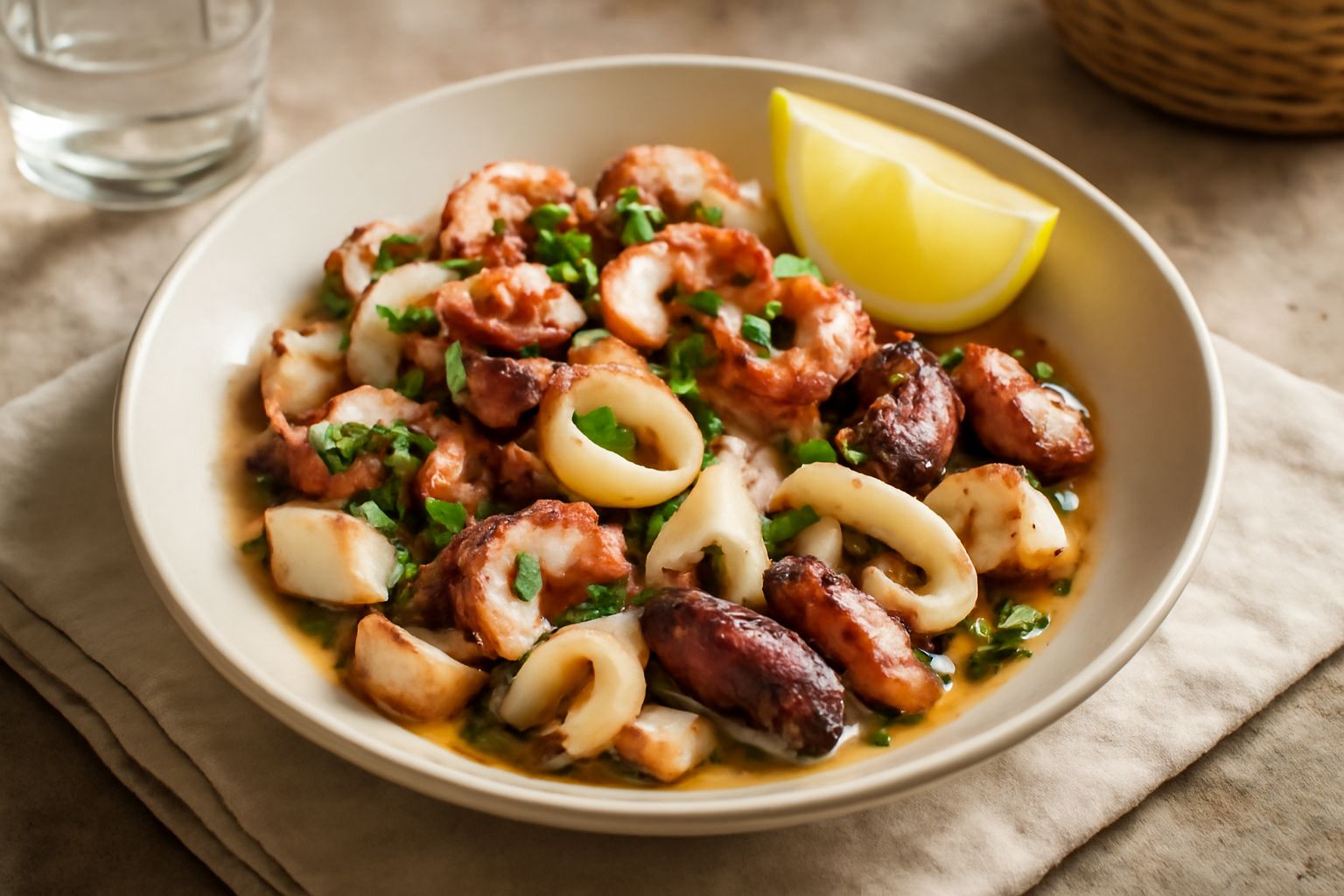 Insalata di mare servita in un piatto bianco con polpo e calamari dorati, seppie tagliate a strisce, condimento dorato di olio e limone, prezzemolo verde fresco sparso sopra, con spicchi di limone al 