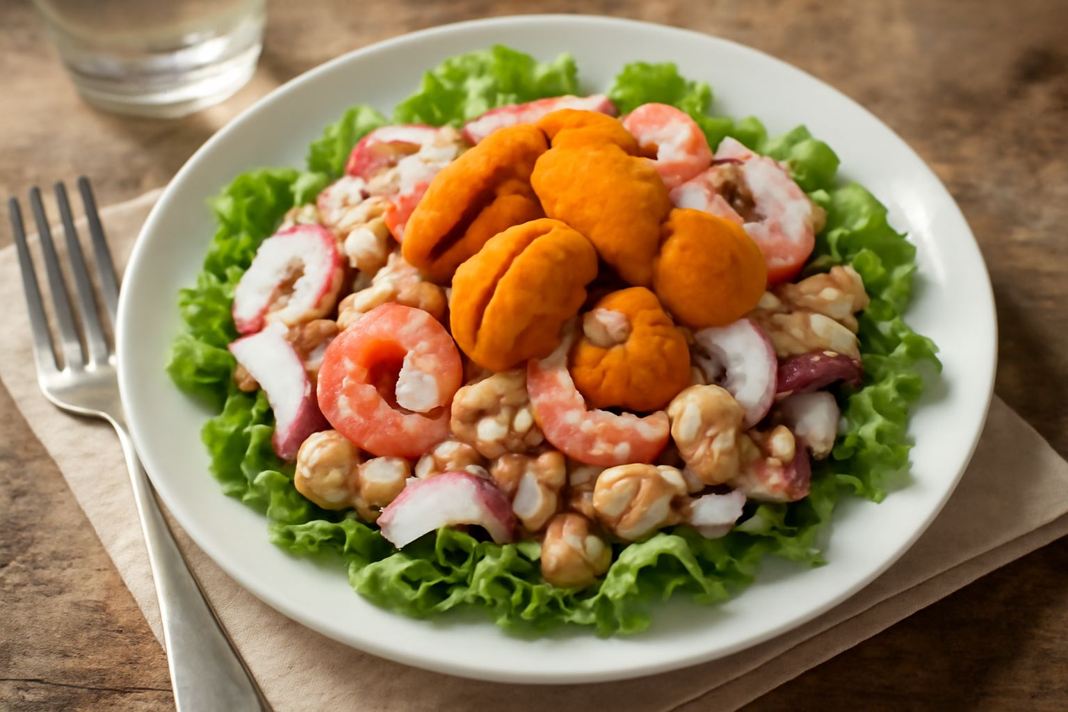 Insalata di mare servita in piatto bianco, con vongole veracruda, cozze, gamberetti rosa pallido, polpa arancione di riccio di mare, foglie di lattuga verde e scorza di limone
