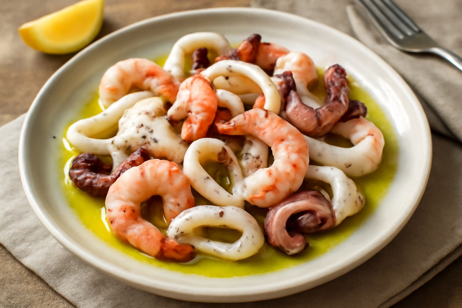 Insalata di mare cotta presentata in piatto bianco, con polpo, calamari e gamberi di colore rosato accanto a fette di limone giallo, olio d'oliva che brilla, prezzemolo fresco verde e fondo scuro del 