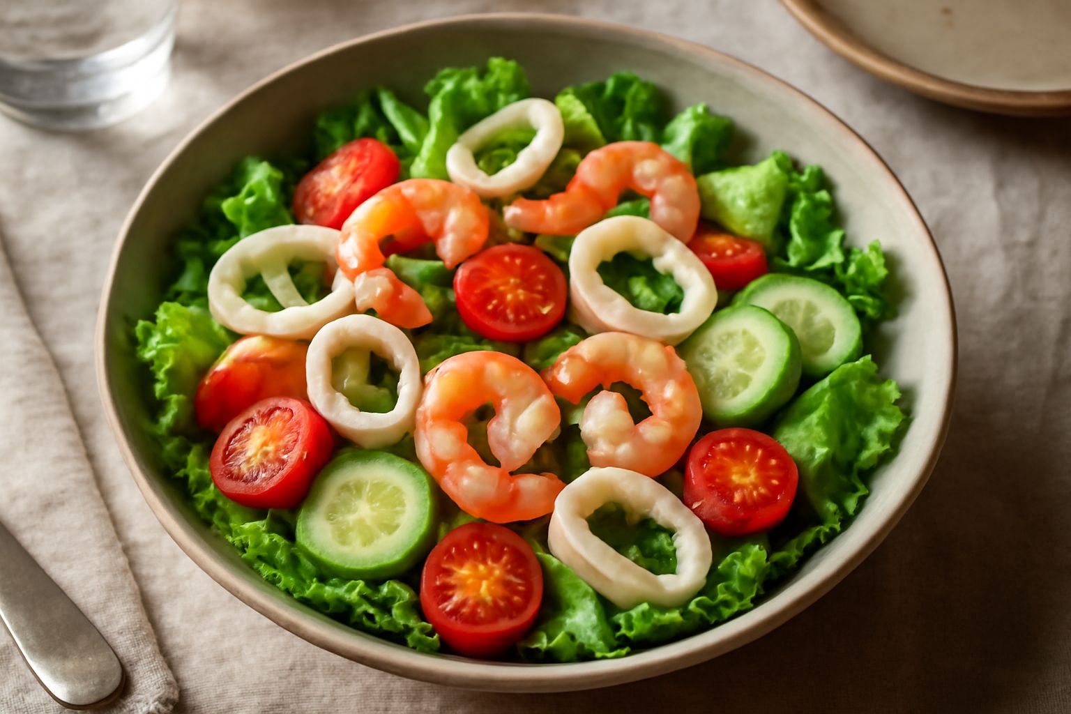 Insalata di mare in piatto bianco con calamari a anelli, gamberi rosa, pomodori rossi, cetrioli verdi, lattuga croccante e olio di oliva che luccica sulla superficie