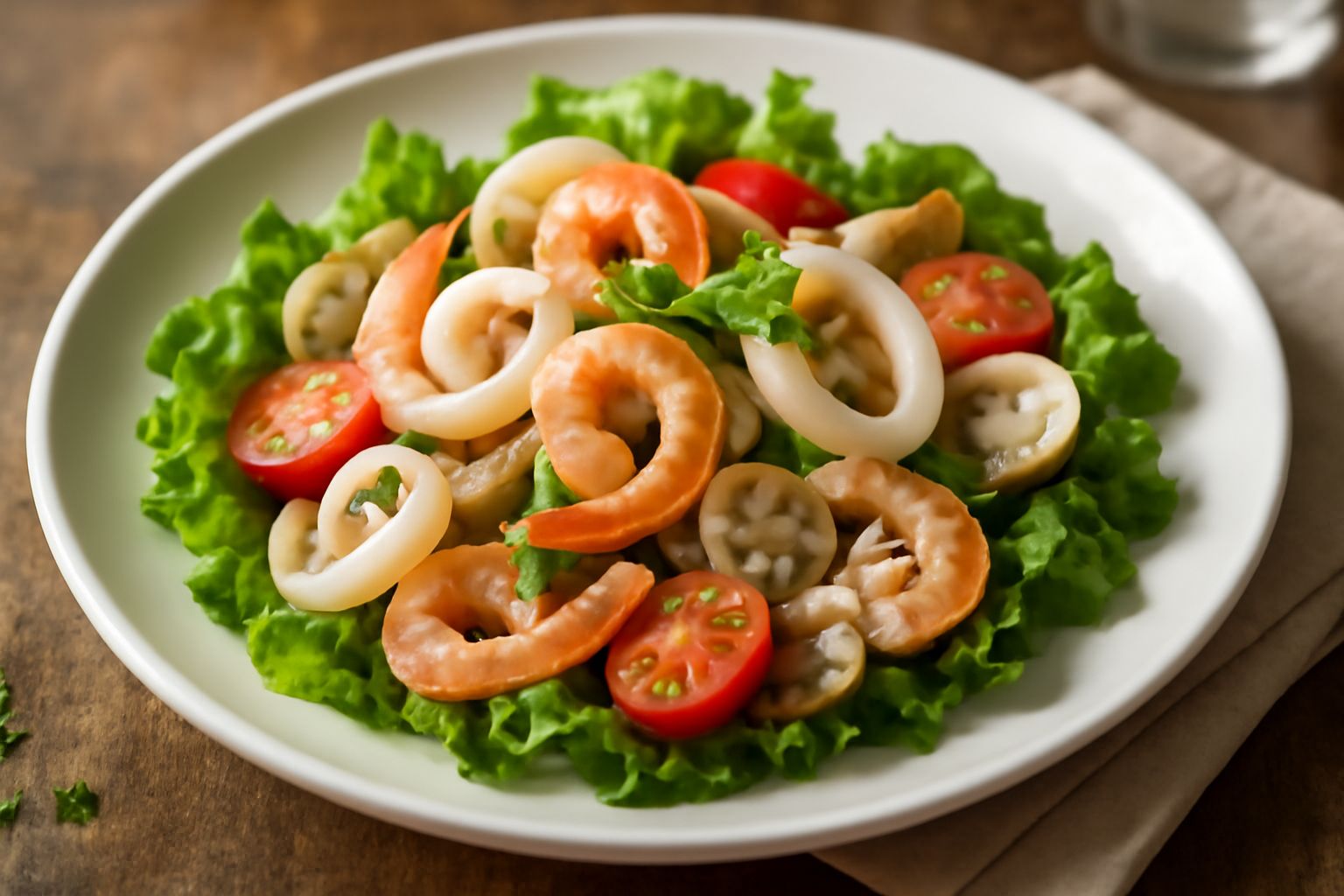 Insalata di mare fredda in piatto bianco: calamari a anelli, vongole, gamberi rosa, con pomodori rossi, prezzemolo verde e gocce di olio d'oliva, su letto di lattuga croccante