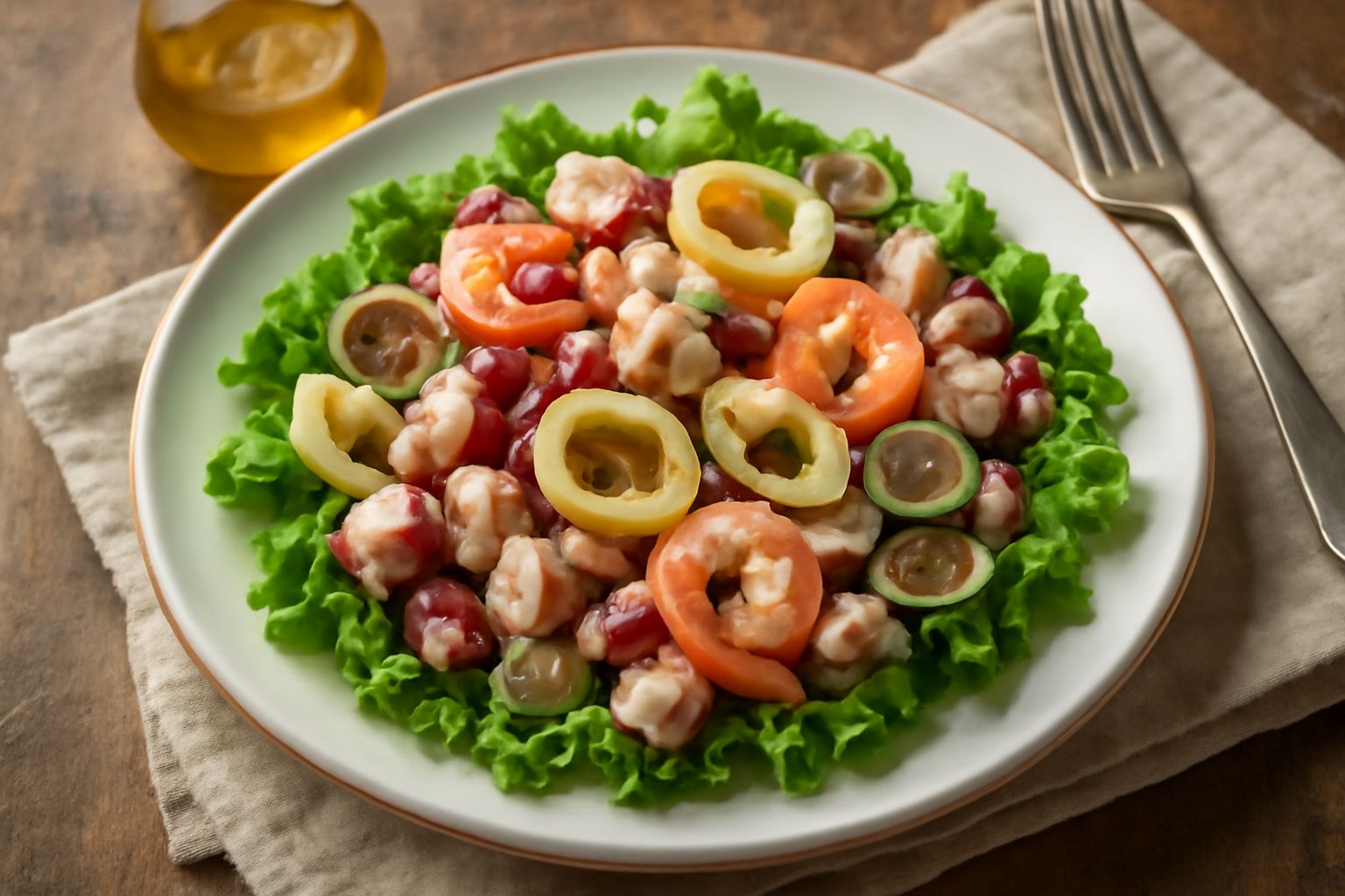 Insalata di mare mista servita in ciotola bianca: polpo tagliato a pezzetti, calamari in anelli, gamberetti rosa e bianchi, vongole aperte, pomodori rossi, prezzemolo fresco e limone tagliato a spicch