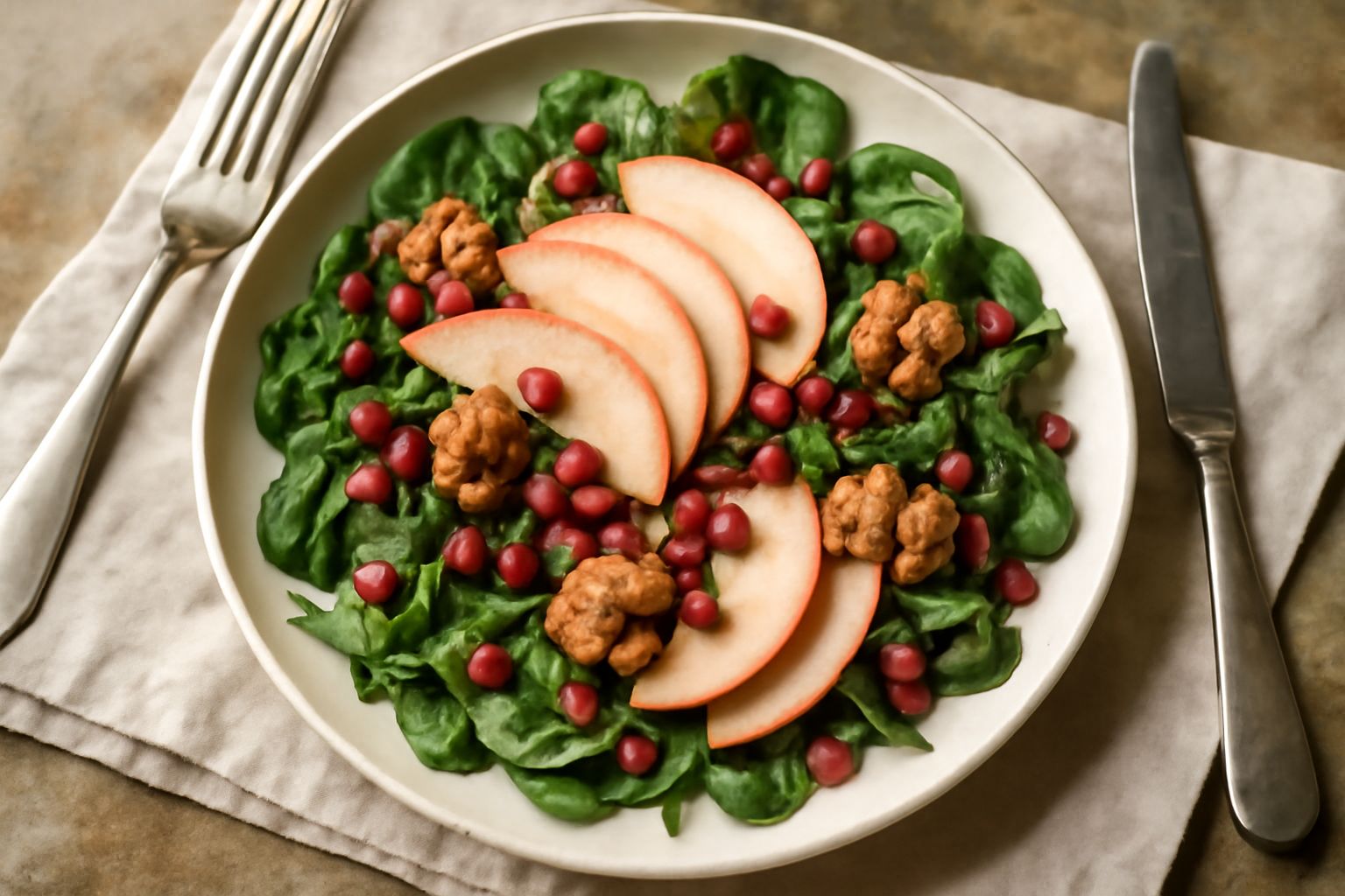 Insalata mista in ciotola bianca con chicchi di melagrana rossi brillanti, rucola verde, spinaci, fette di mela bianche e noci, condimento lucido, presentazione dal alto