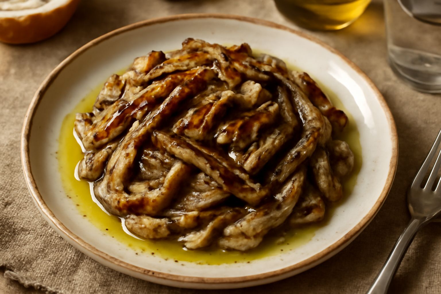 Melanzane grigliate tagliate a strisce sottili, di colore marrone dorato, condite con prezzemolo verde sminuzzato, aglio bianco affettato sottile e olio di oliva lucido nel piatto bianco. Contorno di 