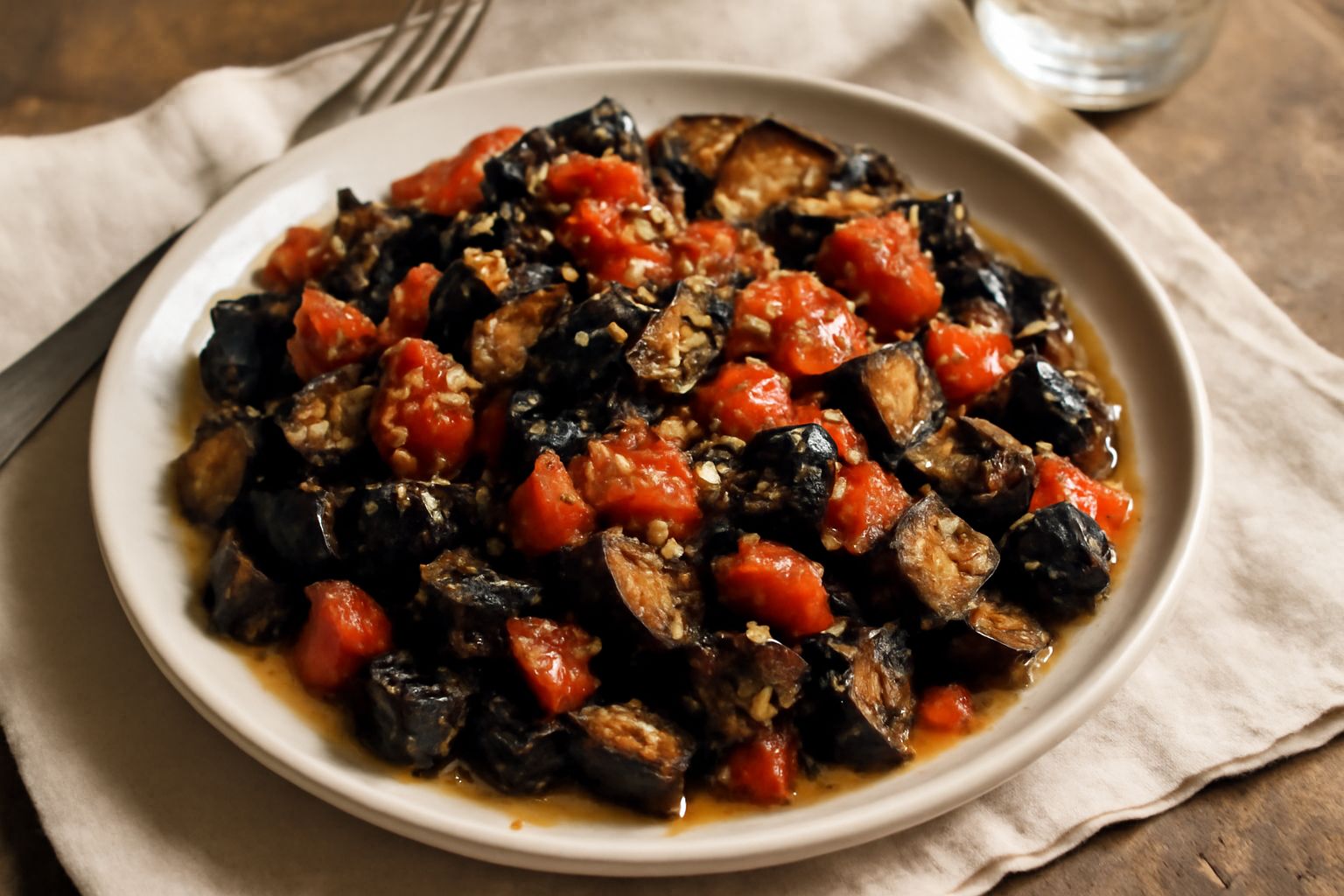 Insalata di melanzane alla calabrese servita in un piatto bianco: dadini di melanzana scura, pomodori rossi e rosati, origano verde sparso in superficie, condimento lucido, piatto visto dall'alto