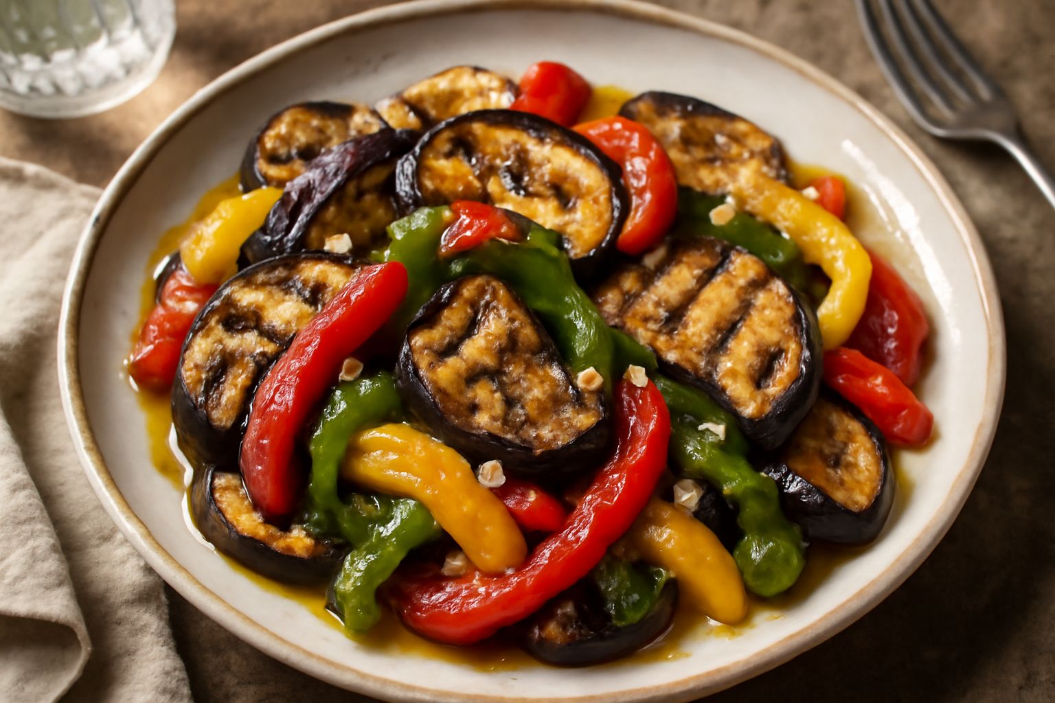 Insalata di melanzane grigliate color viola scuro e peperoni rossi, gialli e verdi a strisce, conditi con olio e aglio fresco, servita in un piatto bianco con contorno di prezzemolo
