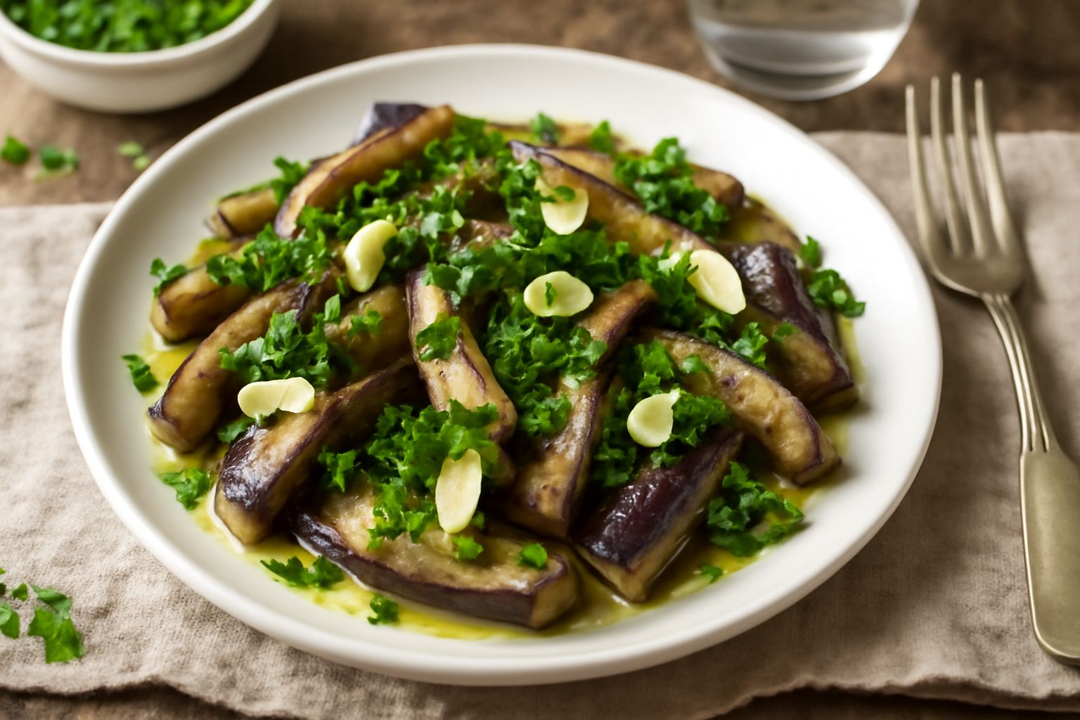 Insalata di melanzane fredde in piatto bianco: strisce di melanzane grigio-scuro e viola, condite con prezzemolo verde brillante, aglio sottile, olio lucido e qualche goccia di aceto. Il piatto riposa