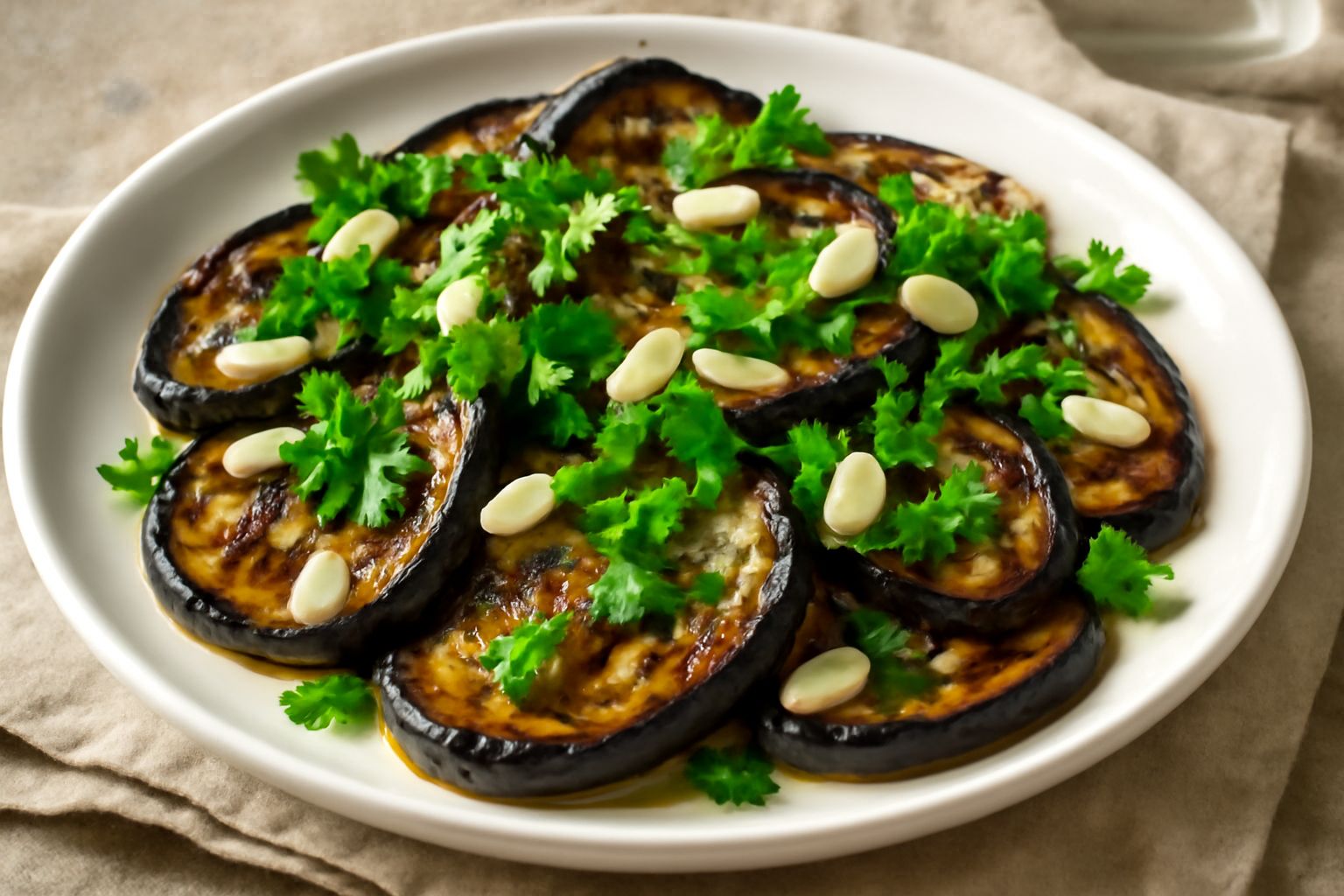 Insalata di melanzane grigliate servita in un piatto bianco: fette di melanzana scura e morbida, condite con prezzemolo verde brillante, gocce d'olio dorato, spicchi di aglio bianchi, sfondo grigio ch