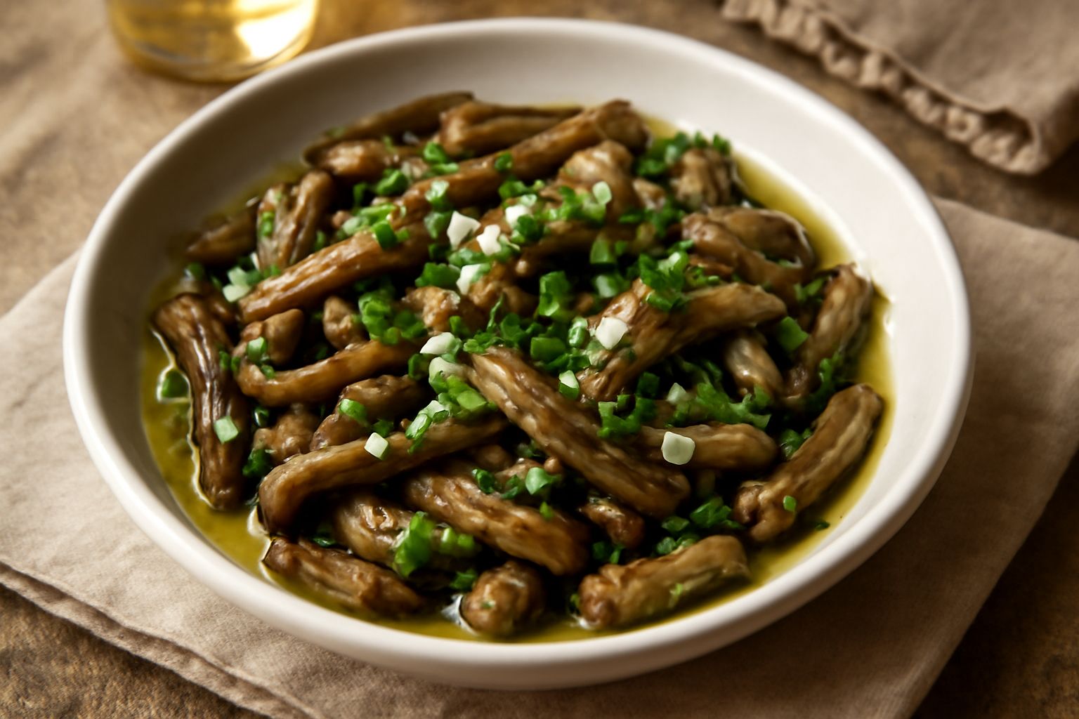 Insalata di melanzane grigie e scure, tagliate a listarelle, condite con olio lucido, aglio bianco e prezzemolo verde, servita in una ciotola di ceramica bianca su un tavolo di legno chiaro