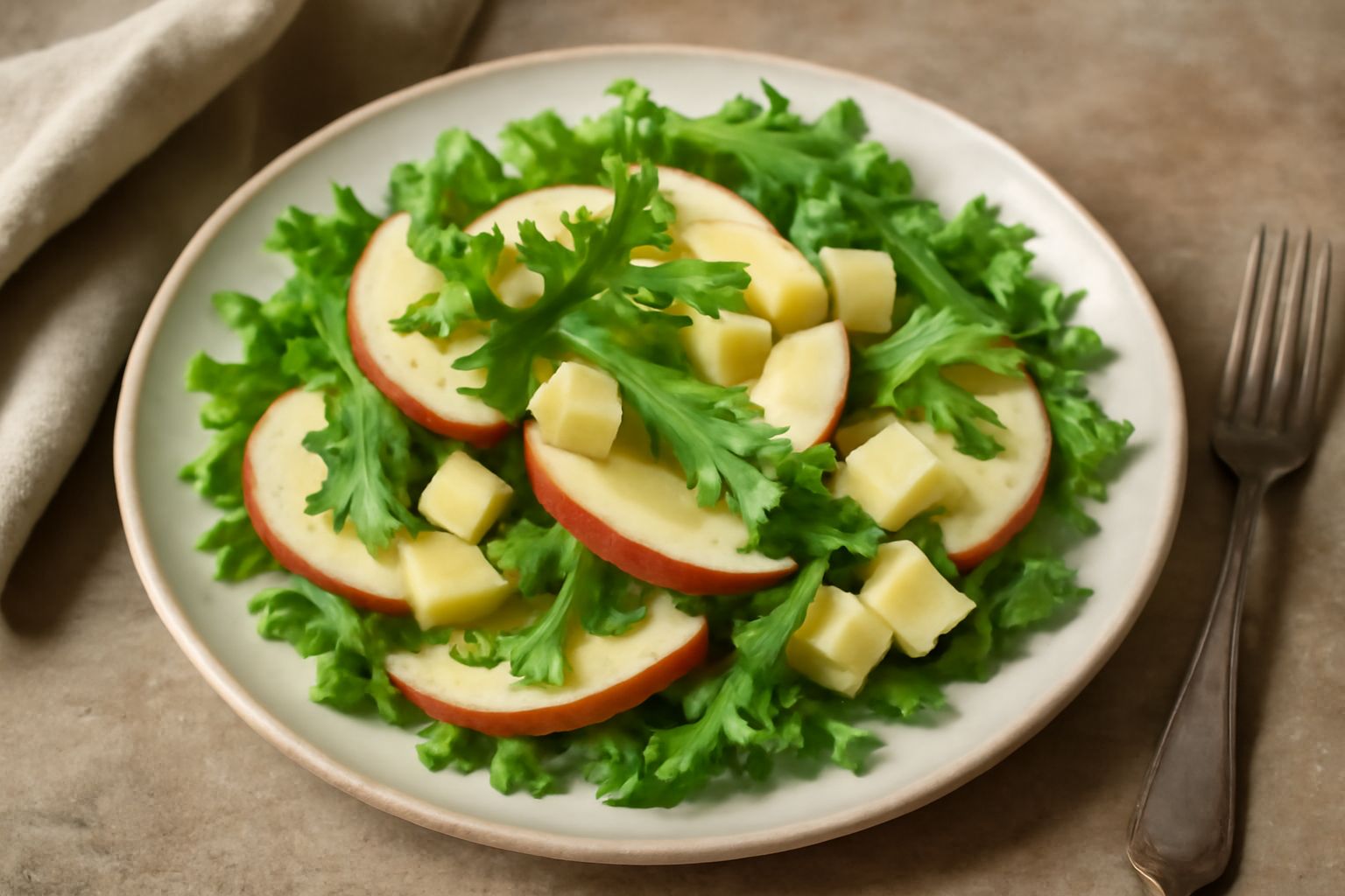 Insalata di mele a fette sottili, dadi di formaggio cremoso giallo pallido, rucola verde scuro e noci sminuzzate, condita con vinaigrette trasparente, in una ciotola bianca su fondo di lino beige.