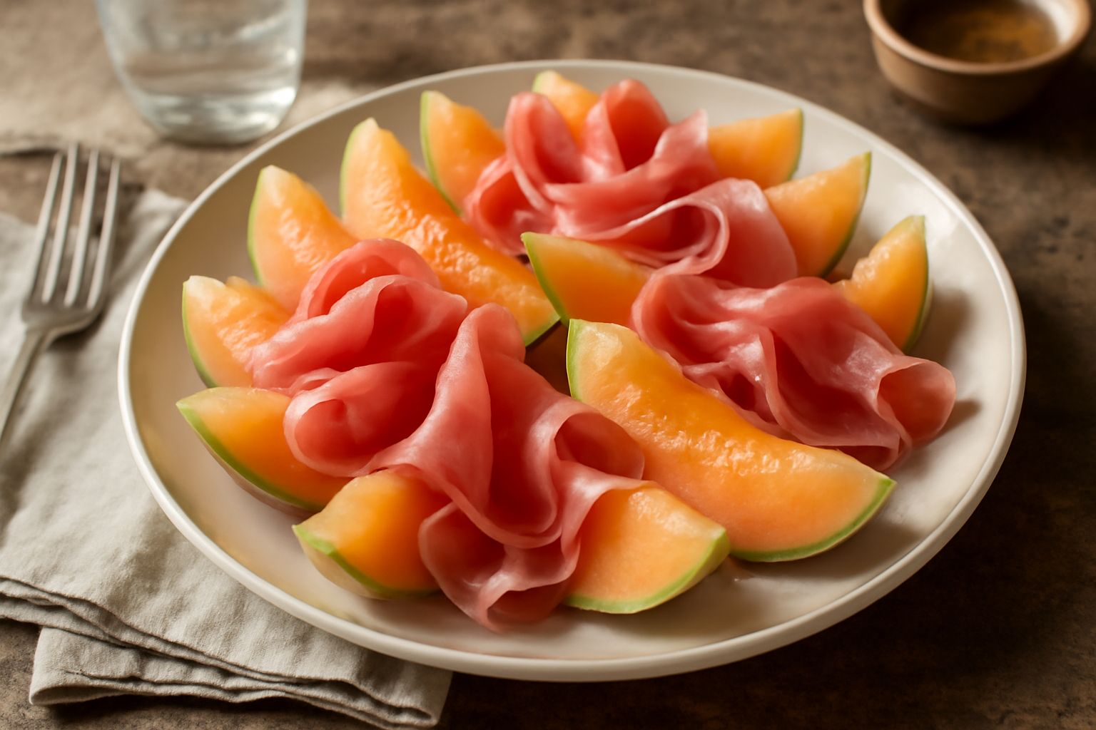 Insalata di melone con spicchi color arancio pallido disposti su un piatto bianco con fette sottili di prosciutto crudo rosato, foglie di menta verde e un filo di olio d'oliva, su fondo di legno chiar