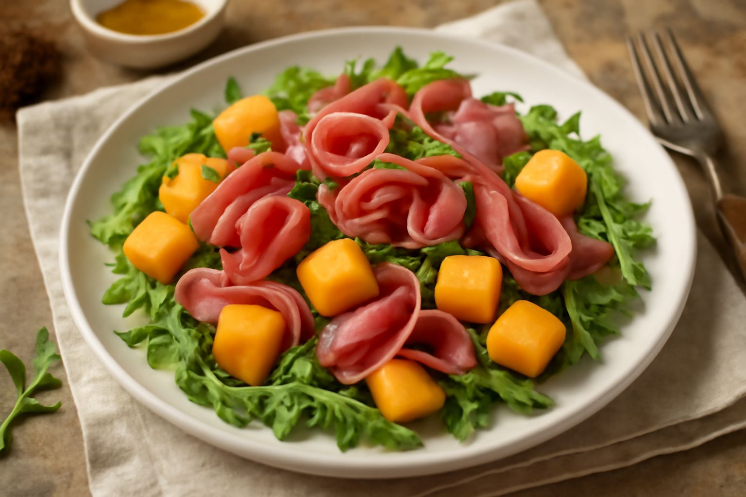 Piatto bianco con insalata di melone tagliato a cubetti e speck arrotolato, su un letto di rucola verde, condito con olio e pepe nero, con una forchetta accanto