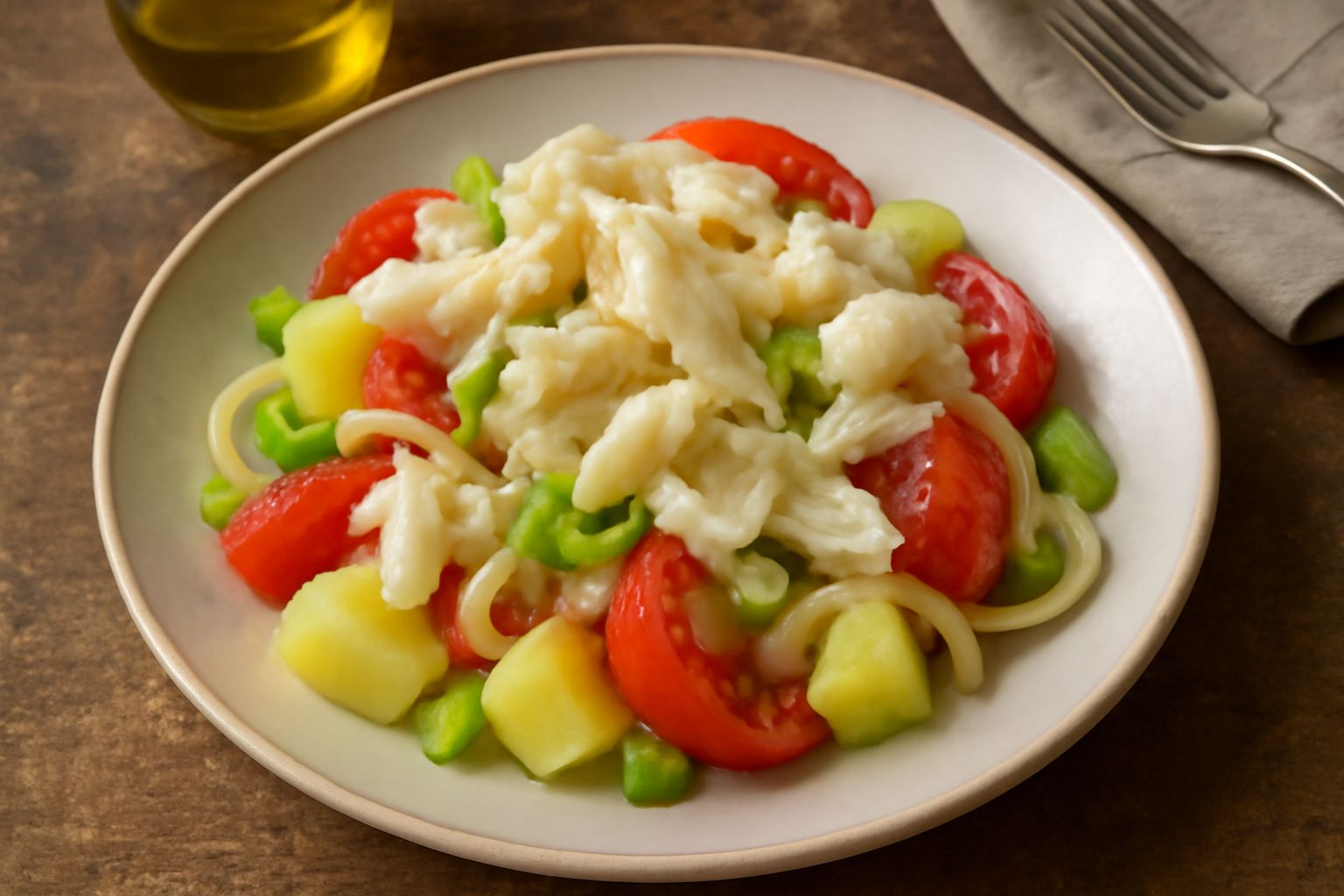 Insalata di merluzzo salato servita in piatto bianco: fiocchi di merluzzo bianco e tenero, sedano finemente affettato, patate gialle a dadini, pomodori rossi e cipolle bianche, con olio verde brillant