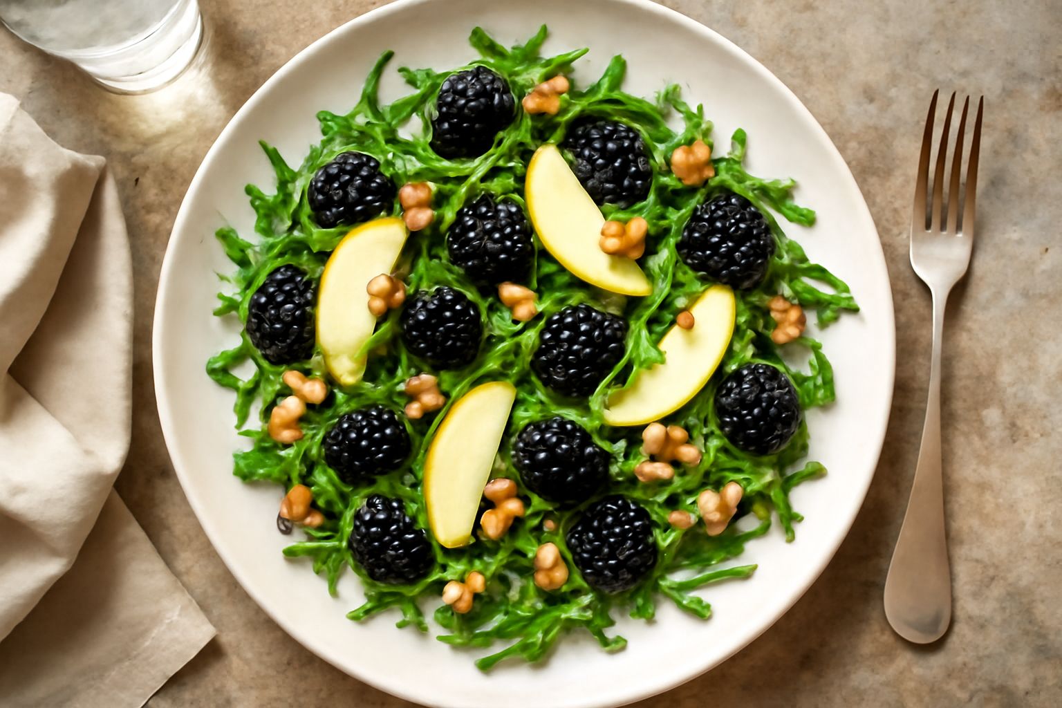 Insalata con more nere e blu raccolte in un piatto bianco, circondate da foglie di rucola verde, fettine di mela, scaglie di parmigiano e noci spezzettate