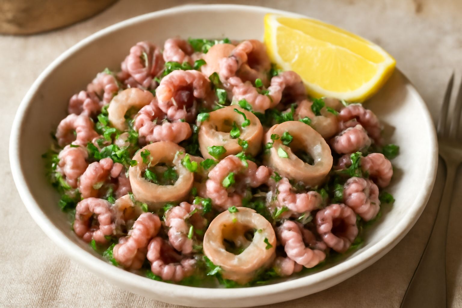 Insalata di moscardini in ciotola bianca: cefalopodi piccoli bolliti, tagliati a pezzi, con prezzemolo verde fresco, limone giallo pallido, olio lucido, contorno di cicoria o rucola, piatto su tavolo 