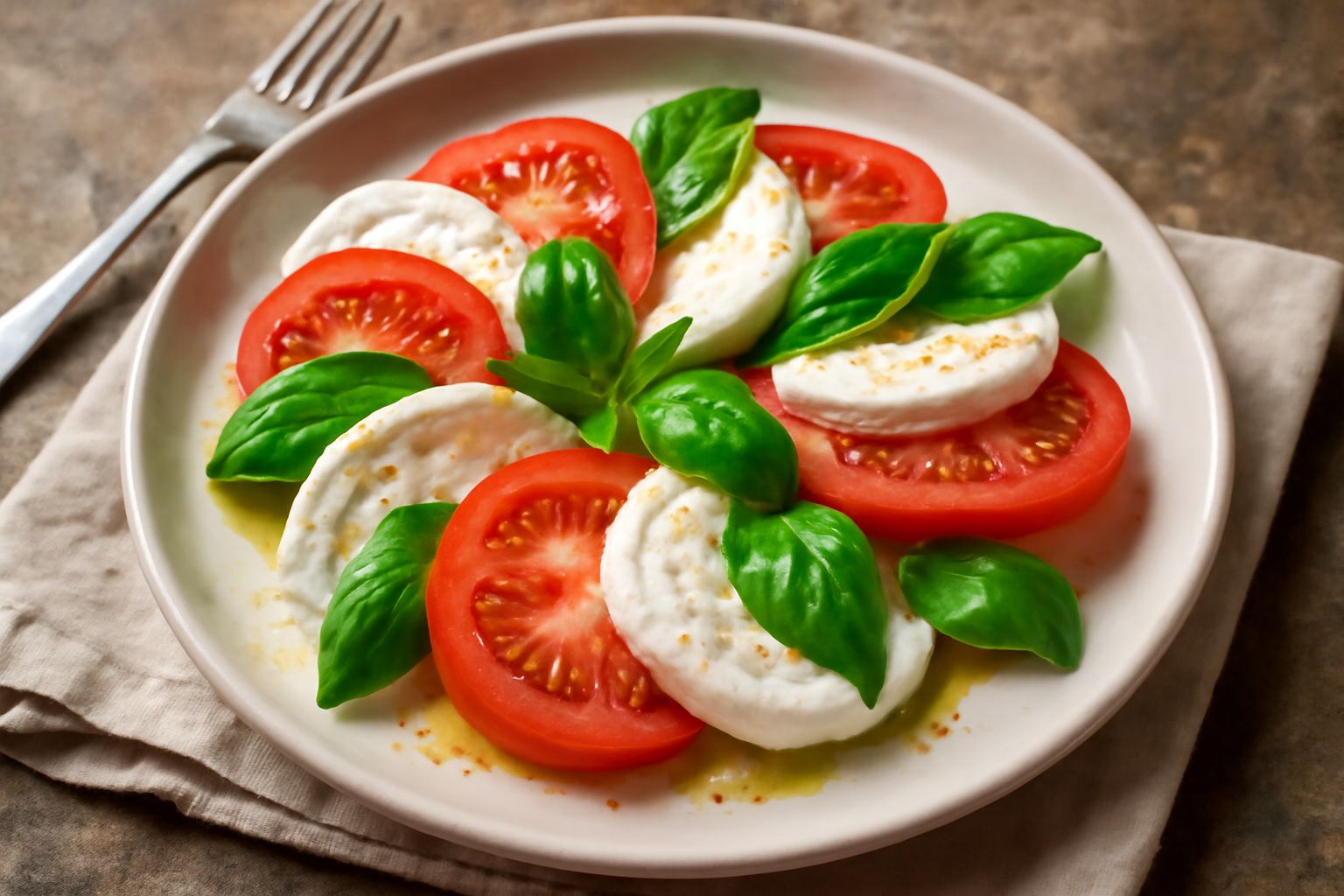 Piatto bianco con insalata di mozzarella di bufala: fette di pomodoro rosso maturo alternate a ciliegini bianchi di mozzarella, foglie di basilico fresco sparse, condite con olio d'oliva verde oro, co