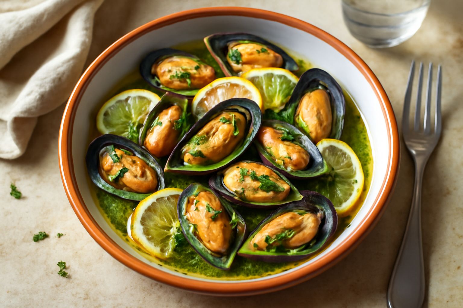 Insalata di muscoli in ciotola bianca: molluschi aperti di color arancio e bianco, olio lucido, fettine di limone gialle, prezzemolo verde, su fondo di legno chiaro