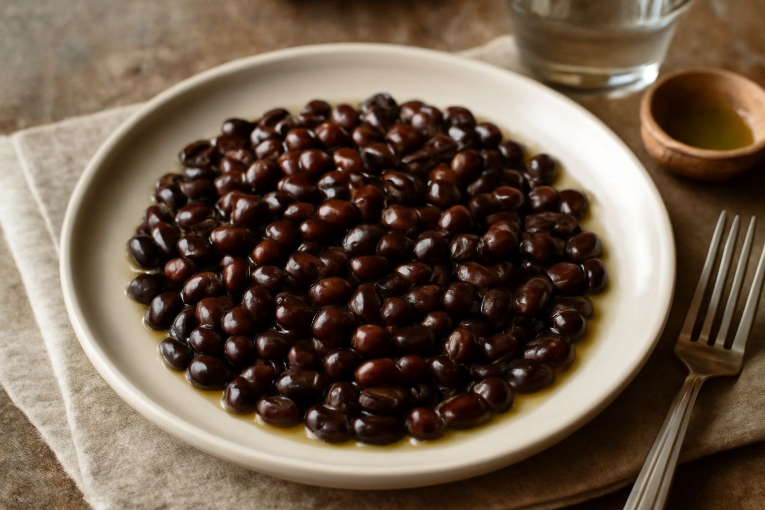 Insalata di neretti in una ciotola bianca: piccoli fagioli neri lucidi, conditi con olio d'oliva verde, con spicchi d'aglio e prezzemolo fresco dispersi in superficie, su fondo bianco