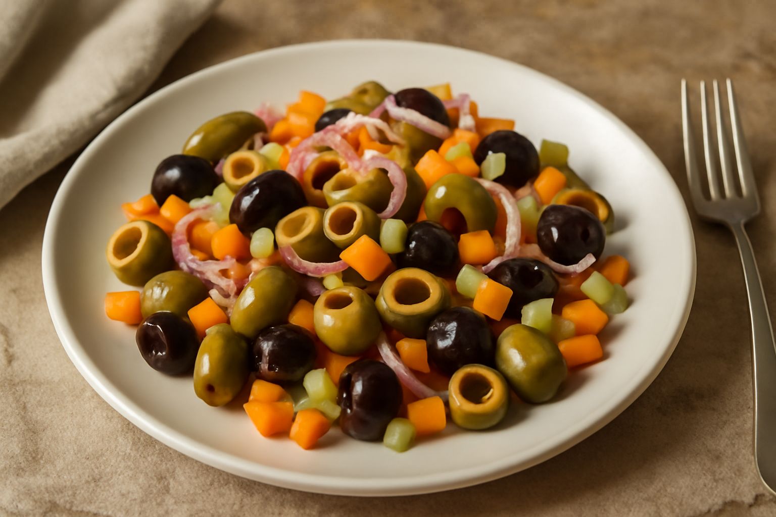 Insalata di olive ascolane in ciotola bianca: olive verdi e nere denocciolate, sedano e carota tagliati a dadini fine, cipolla rossa trasparente, condimento con olio d'oliva visibile sulla superficie,