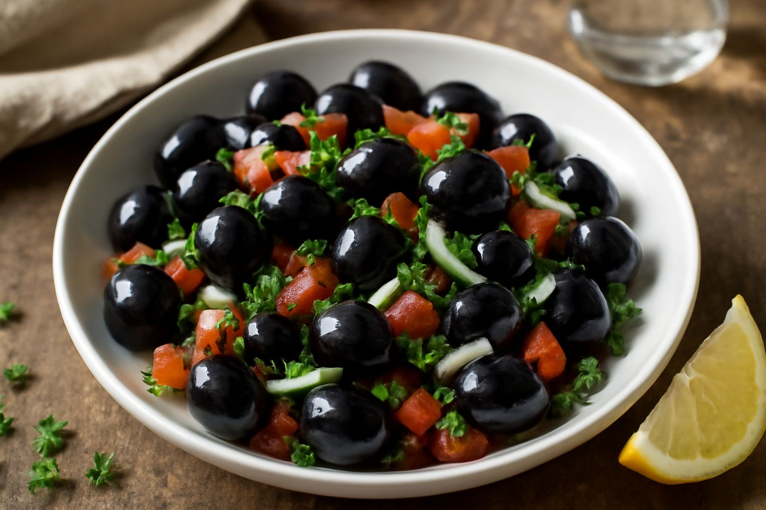 Insalata di olive nere in una ciotola bianca: olive scure intere, pezzetti di pomodoro rosso, cipolla bianca sottile, prezzemolo verde e olio d'oliva lucido, servita su un tavolo di legno naturale