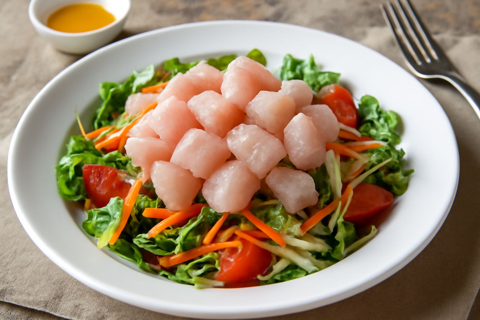 Insalata di orata servita in piatto bianco: cubetti di pesce rosato e traslucido disposti su letto di verdure miste colorate, erba cipollina verde sopra, gocce di olio dorato, limone fresco accanto