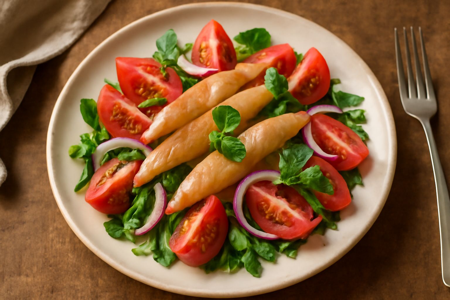 Insalata in piatto bianco con orata affumicata tagliata a strisce, rucola verde scuro, pomodori rossi tagliati, cipolla rossa sottile e una linea di olio giallo-verde
