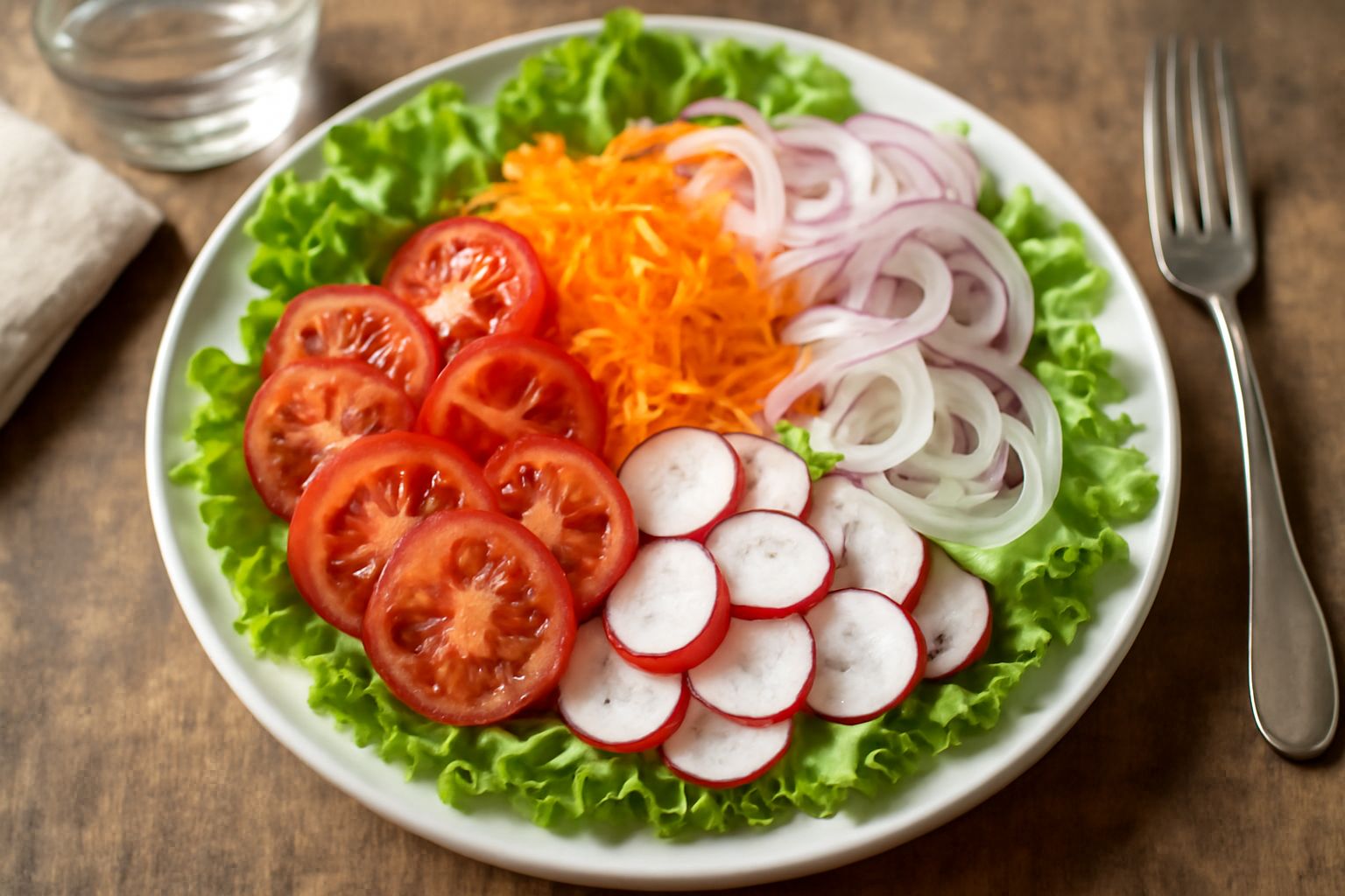 Insalata mista servita in piatto bianco fondo: lattuga verde croccante, pomodori rossi tagliati a spicchi, cetriolo a fettine sottili, carota grattugiata arancione, cipolla rossa, ravanelli rossi e bi
