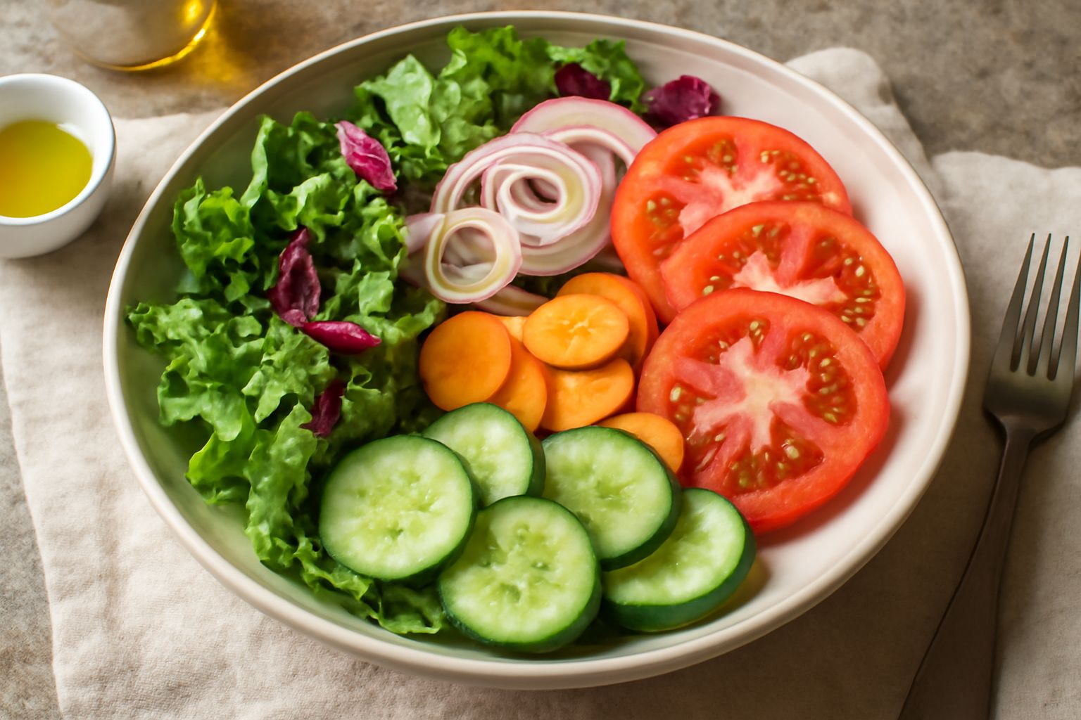 Insalata di ortaggi misti in una ciotola di vetro trasparente: lattuga verde, pomodori rossi a fette, cetrioli verdi a rondelle, carote arancioni affettate, cipolla bianca e radicchio rosso, condita c