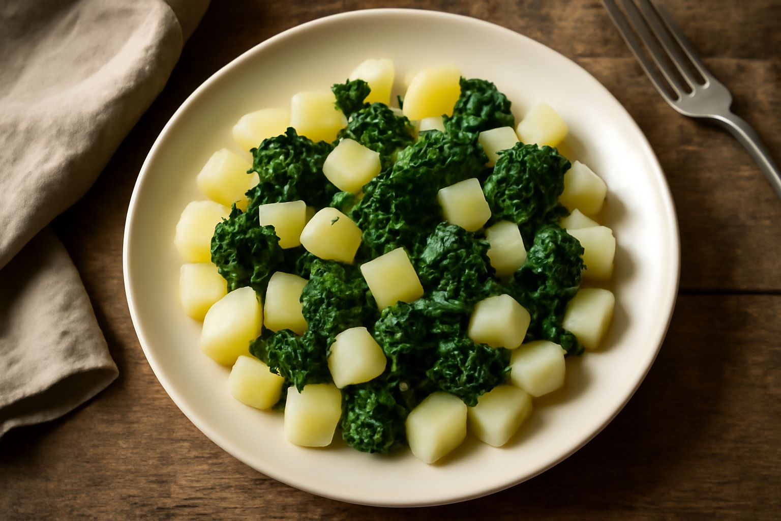 Insalata servita in piatto bianco con patate tagliate a dadini giallo pallido e ortica lessata di colore verde scuro, condita con filo d'olio d'oliva e sale