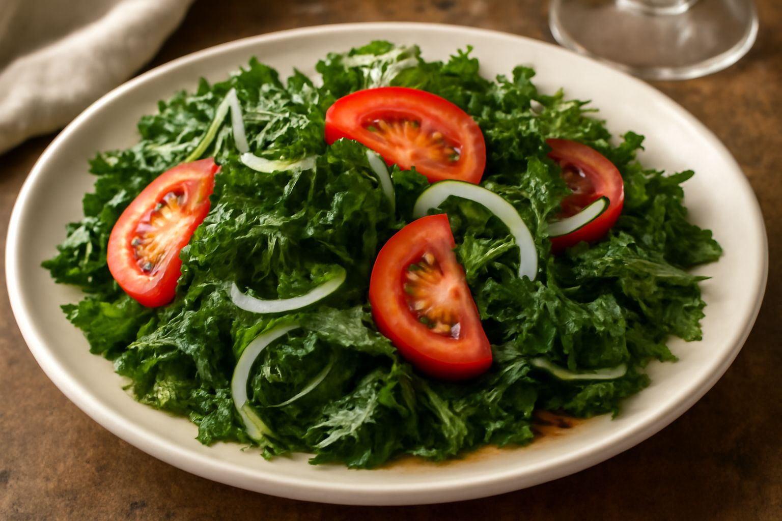 Insalata di ortiche in ciotola bianca con foglie verdi tenere, pomodori rossi affettati, cipolla bianca trasparente e olio dorato. La composizione è ordinata e il contorno è leggero. Accanto un bicchi