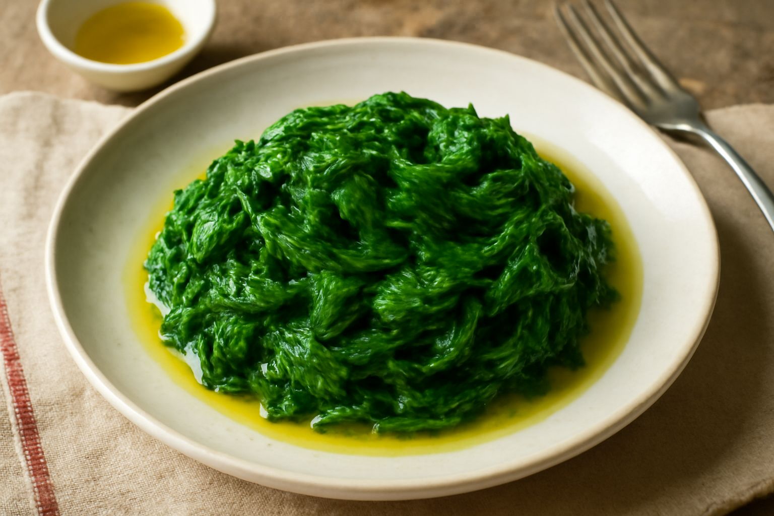 Insalata di ortiche cotte su piatto bianco, foglie verde intenso morbide e umide, condite con gocce di olio dorato e spicchi di limone fresco sul bordo